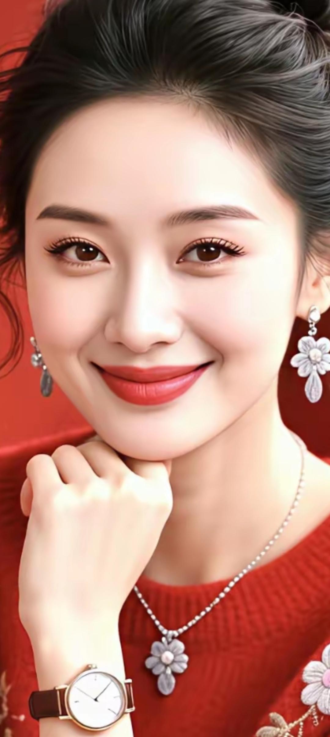 甜美笑容，优雅红衣，精致配饰，完美搭配