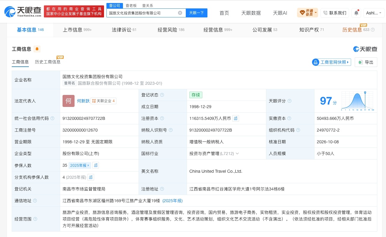 【国旅文化投资集团增资至11.63亿元 增幅超130%】财报研究社Pro讯，天眼