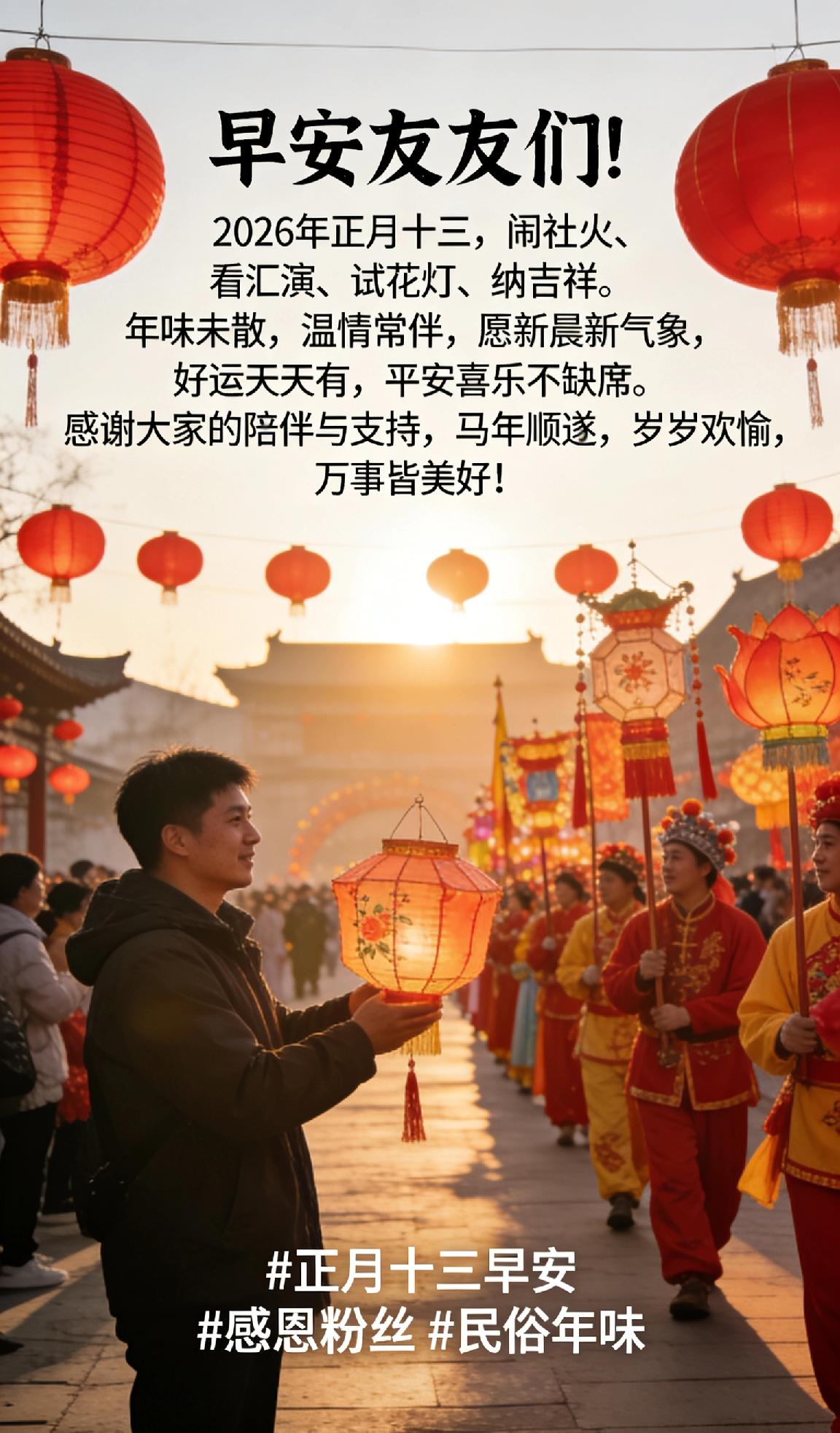  早安友友们！正月十三，闹社火、看汇演、试花灯、纳吉祥。年味未散，温情常伴，愿新