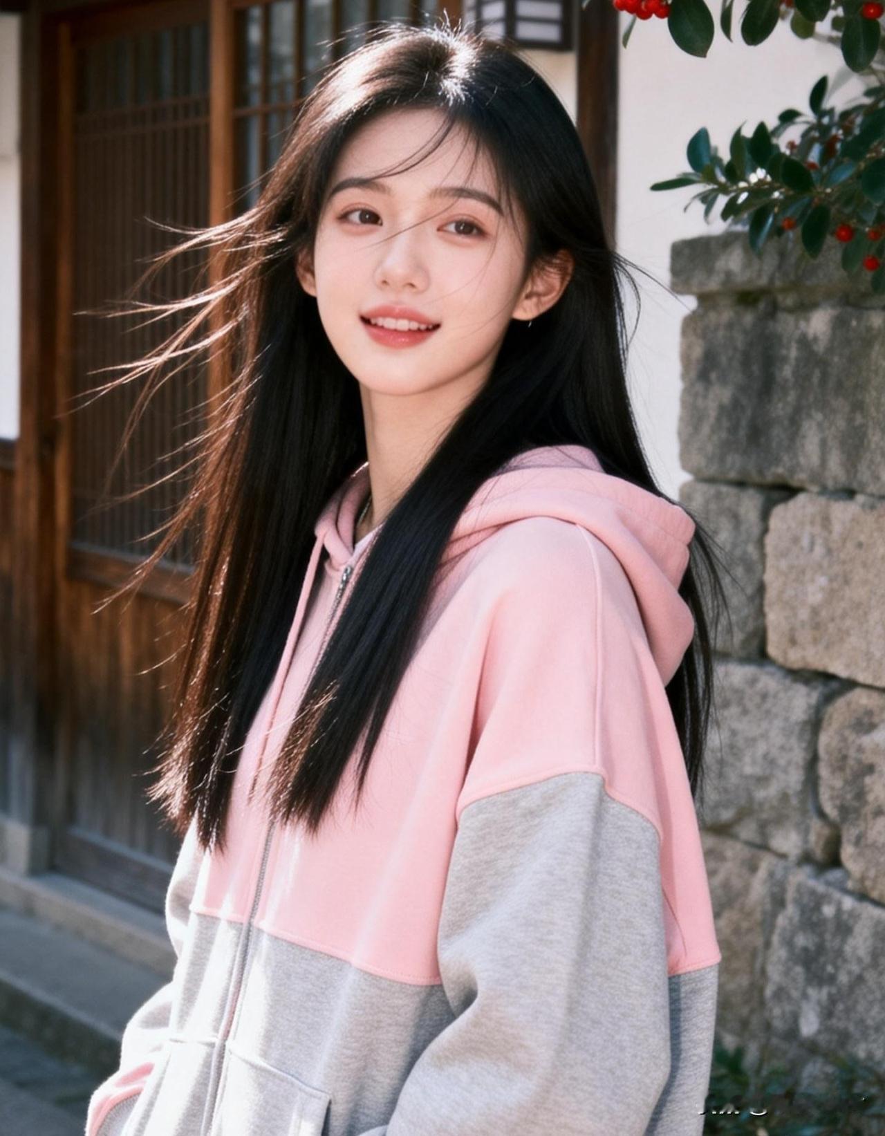 元气少女在古风庭院中微笑，粉灰拼接卫衣，清新自然。