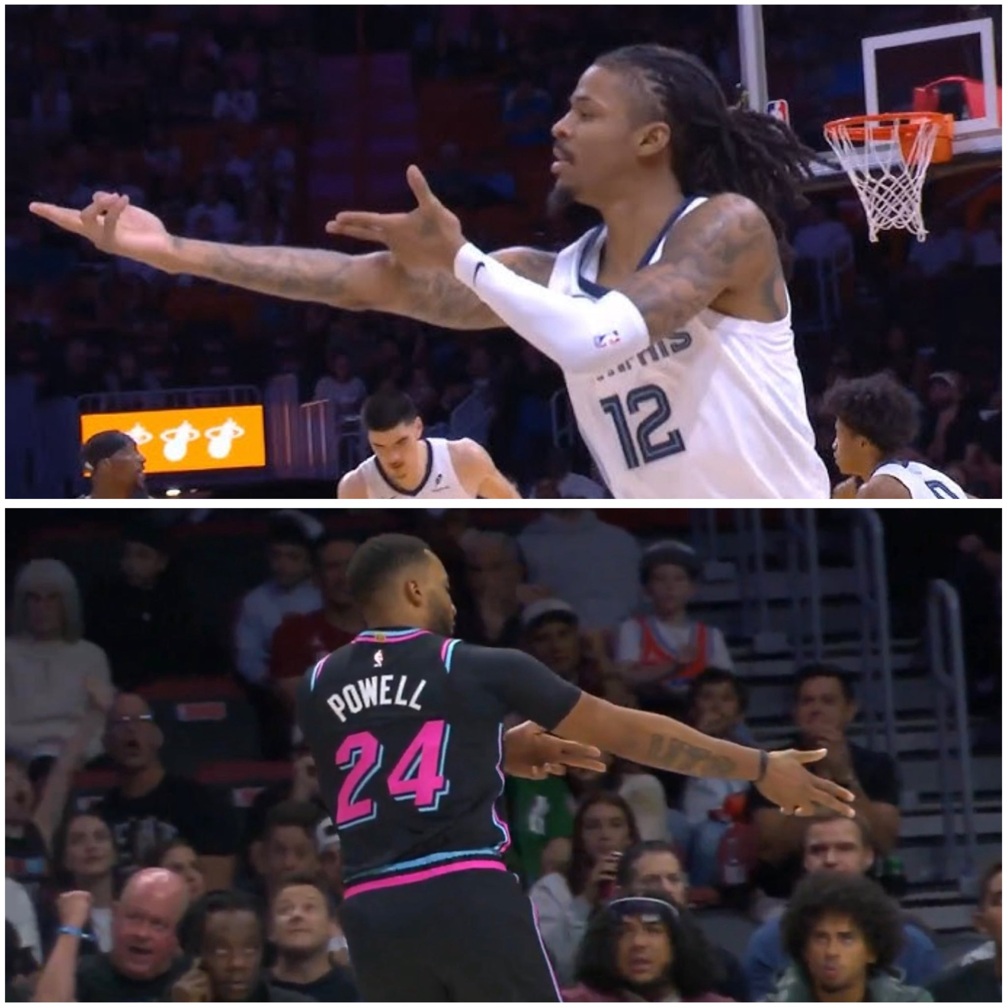 鲍威尔和阿德巴约在过去几场比赛中模仿贾·莫兰特庆祝的照片热火送雷霆赛季第八败雷霆