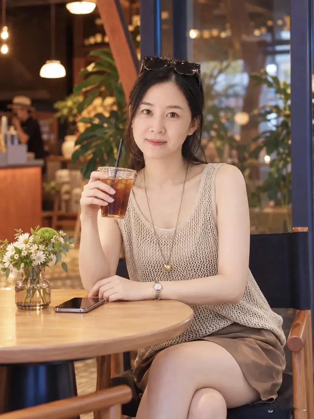 美女在咖啡馆里喝饮料，好惬意。