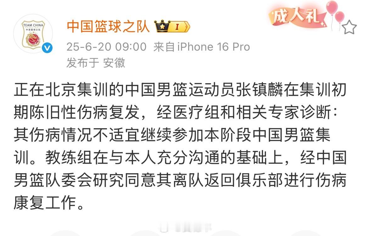 中国篮球之队官宣，张镇麟旧伤复发，退出本阶段的国家队集训。中国男篮张镇麟我的观赛