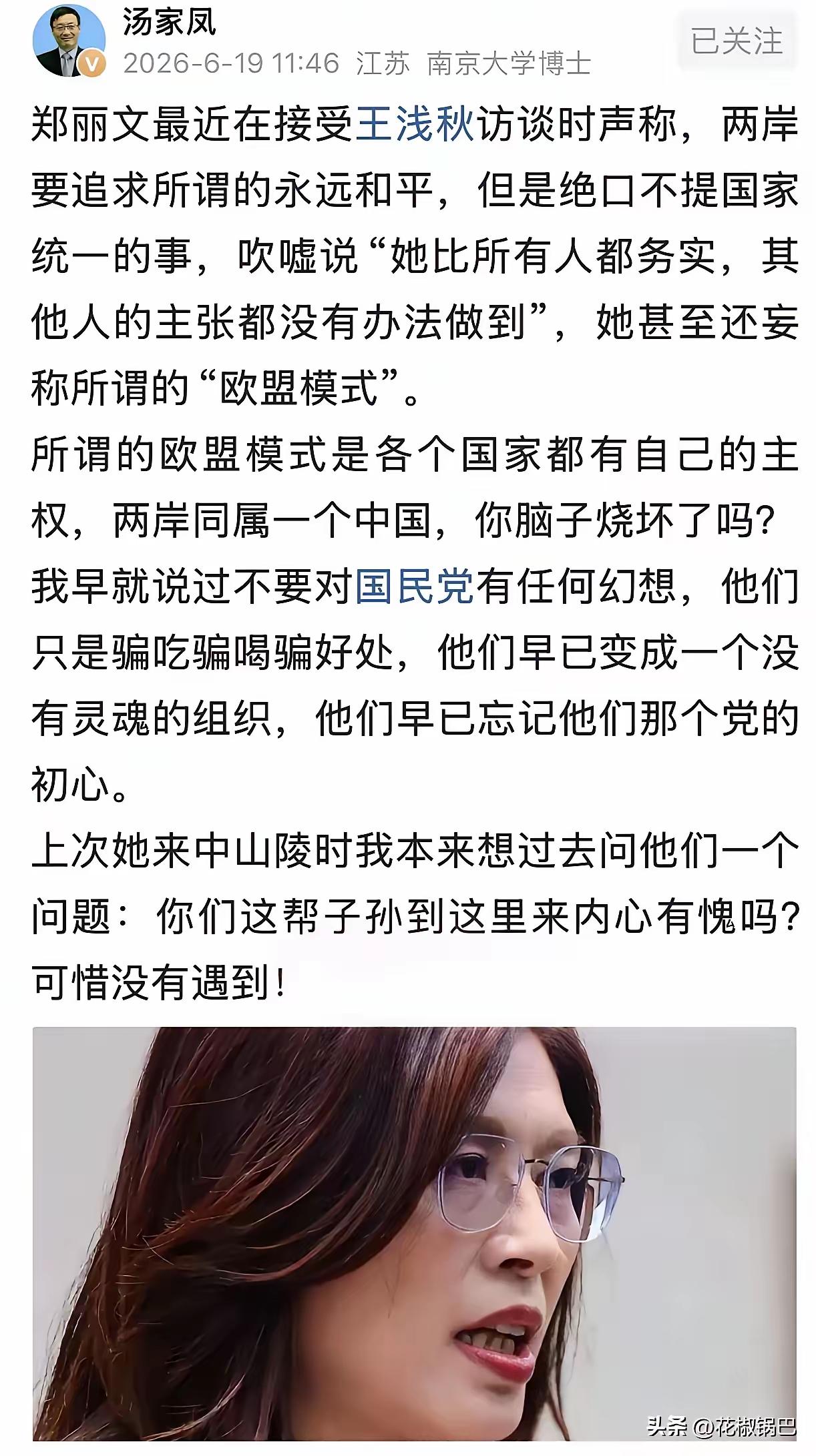 模糊统一的话术本质是分裂套路，汤家凤的斥责一针见血
 
近期郑丽文赴中山陵参拜，