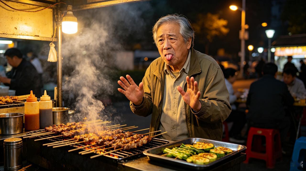 傍晚散步偶遇烧烤摊，馋得直咽口水，有糖尿病真不敢碰
 
晚上出门散步锻炼身体，路
