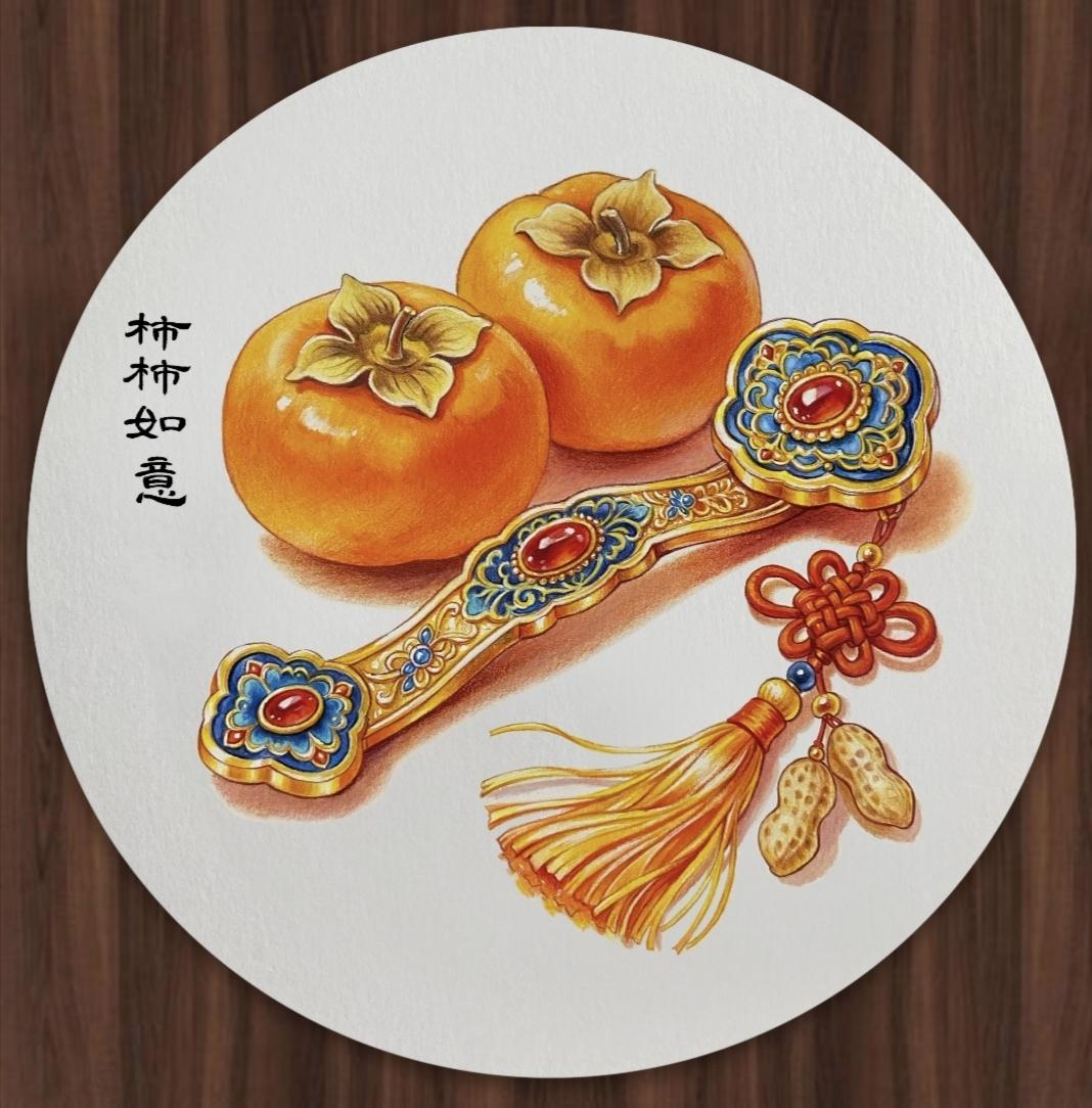 柿柿如意财运广，好运连连福泽长|素材:柿柿如意（彩稿+线稿）
​红柿映如意，好运