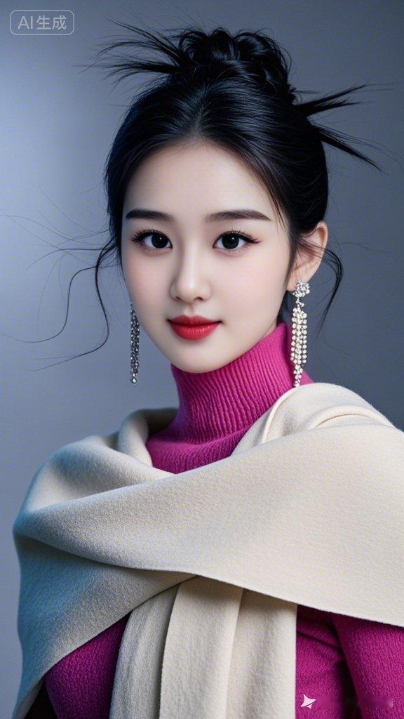 佳人盘发透着凌乱美感，长款耳坠摇曳，身着高档玫红高领毛衫，颈间裹大围巾，蓝光氤氲