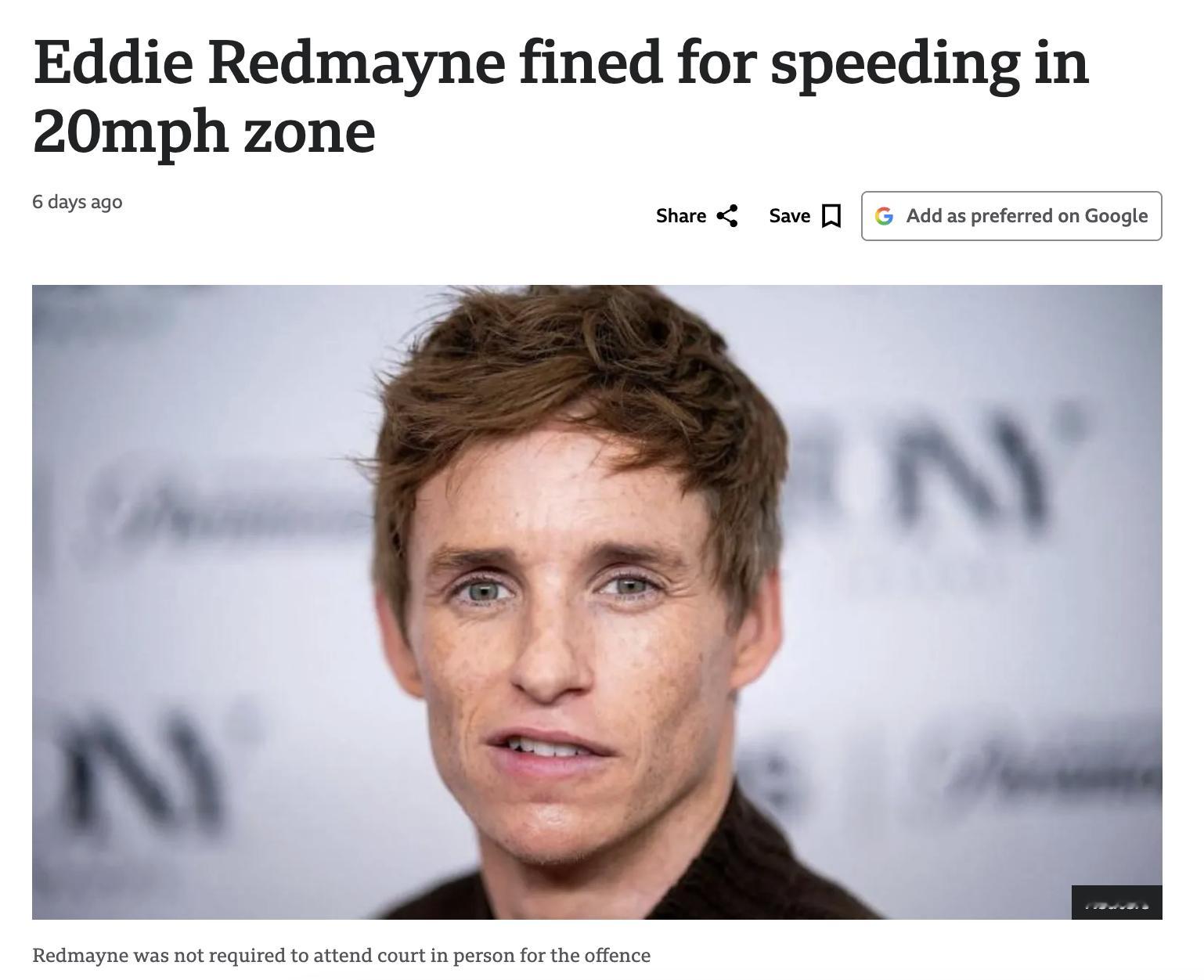 咋这么好笑，小雀斑伦敦开车超速到45被罚Eddie Redmayne在伦敦某区域