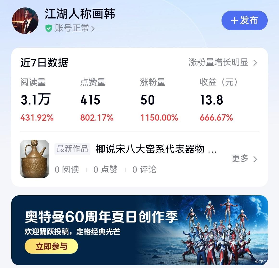 答谢读者支持点赞赋
 
陋笔谈瓷，未期声传四野；微言论古，竟得知己万千。
余号画