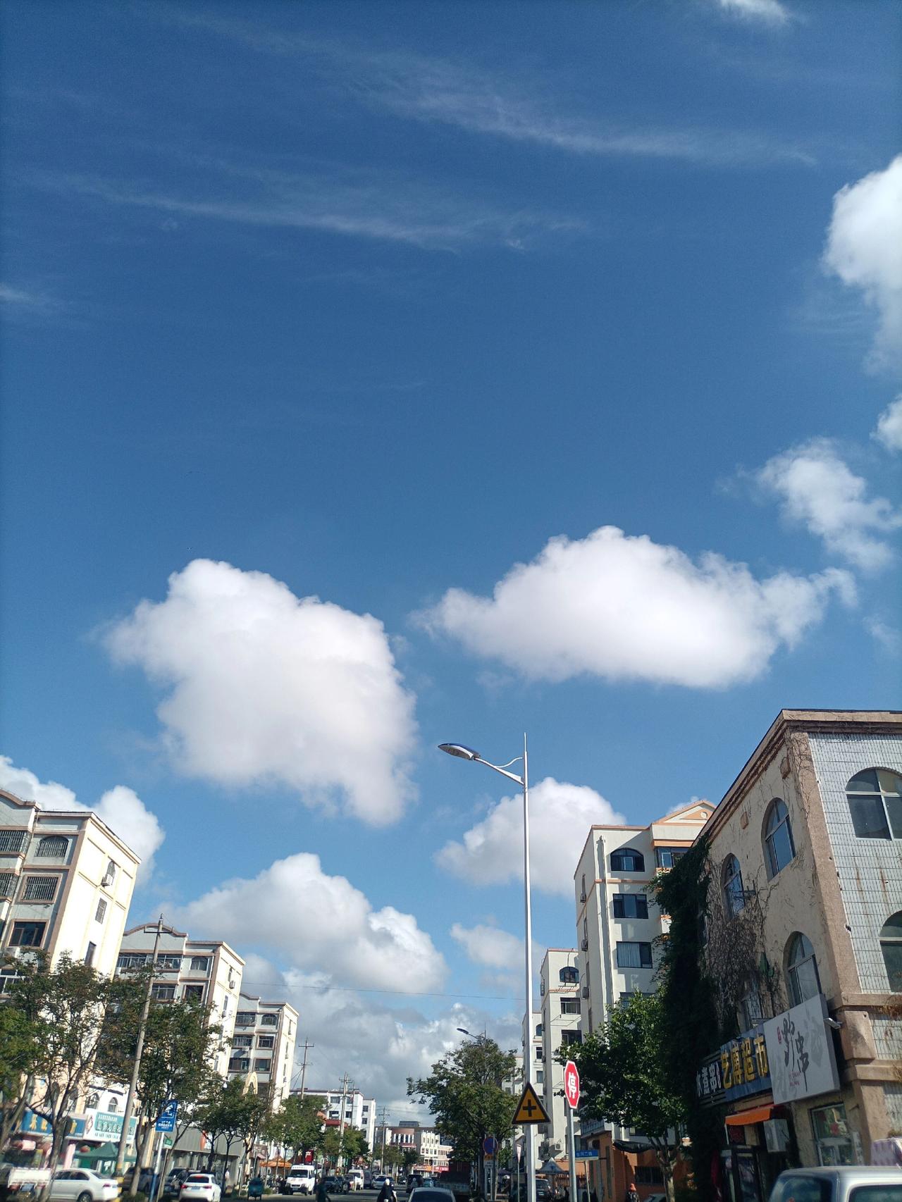 蓝天漫着温柔的云，日子慢慢又松弛。
小城街巷安静温柔，风掠过楼宇与枝叶，把所有浮