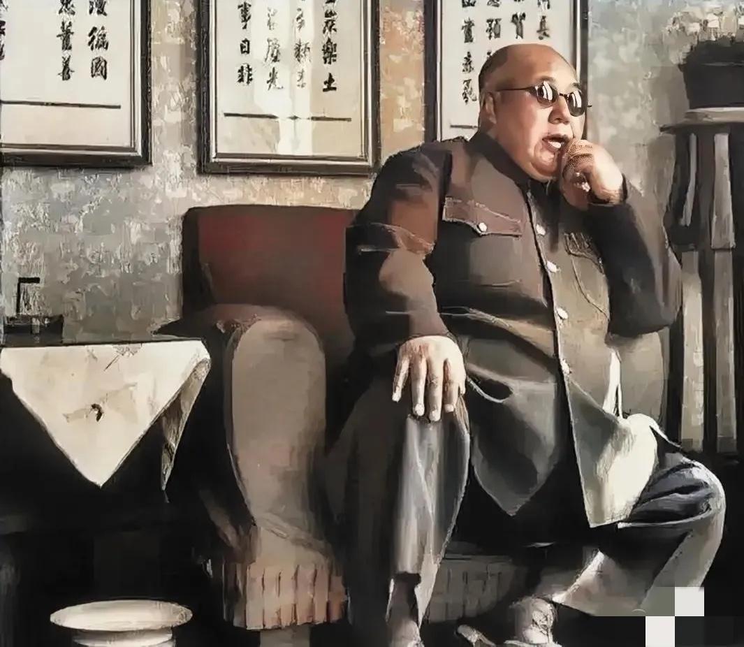 1949年，体重300多斤的马鸿逵坐在沙发中的一幕，刚吃完饭捏着牙签在惬意剔牙，