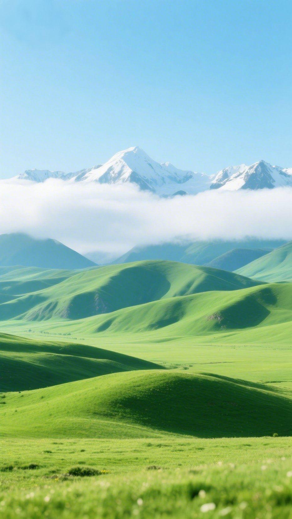 风过草原，云绕雪山
 
盛夏的风，把草原揉成了一块无边无际的绿绒毯。起伏的草坡顺