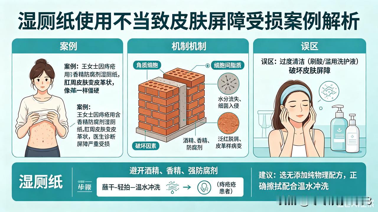 杭州王女士因痔疮反复用某款含香精防腐剂的湿厕纸擦拭，肛周皮肤竟变得像皮革一样僵硬