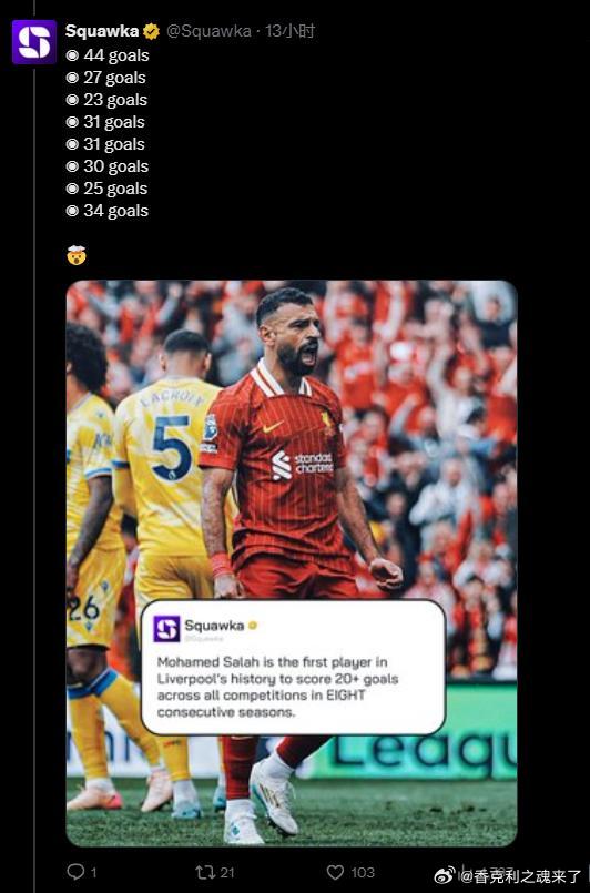 萨拉赫的记录 利物浦 萨拉赫 英超联赛历史中获得月度最佳球员次数最多的球员：◎ 