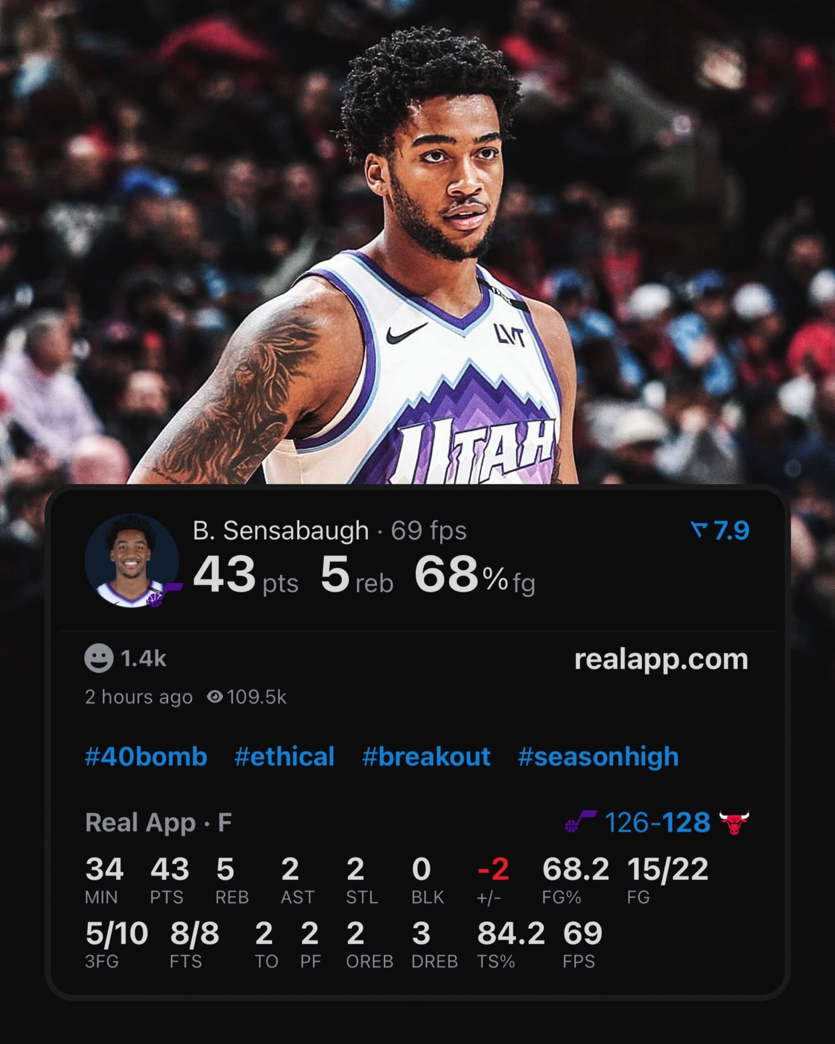 爵士被武切维奇准绝杀，但爵士23年的28号秀森萨博替补轰下生涯新高的43分，22