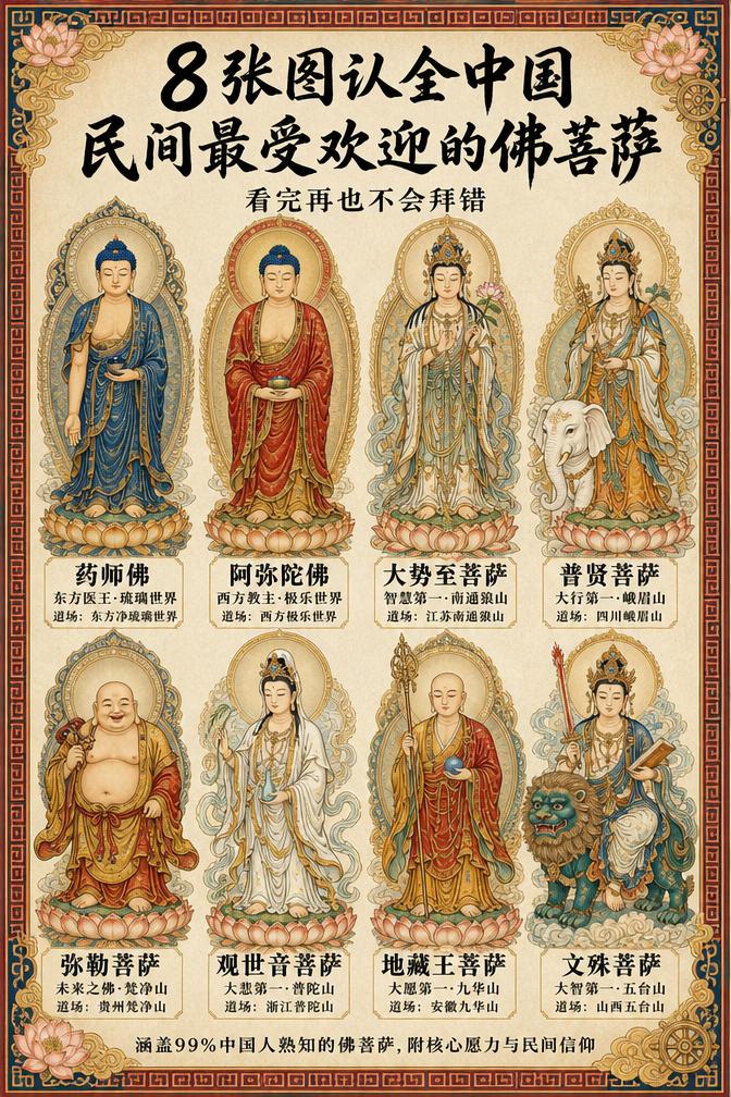 去寺庙别再乱拜了！8位佛菩萨分工明确，看完再也不白拜
 
以前我去寺庙，看着满殿
