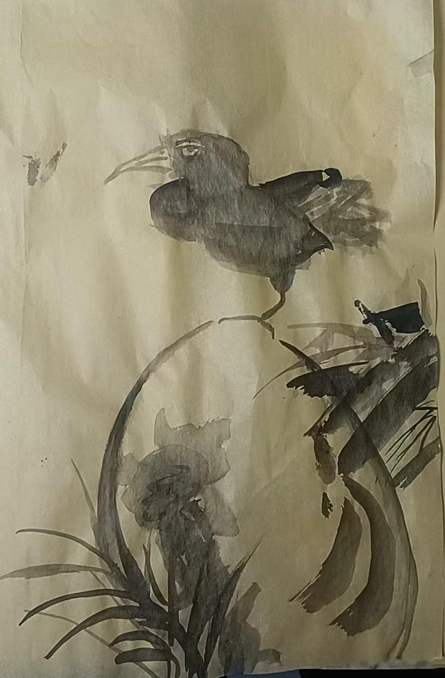 水墨鸟语。我闺女今儿中午没午睡，在自己房间画了一幅画。请专家瞧瞧这孩子是否有画画