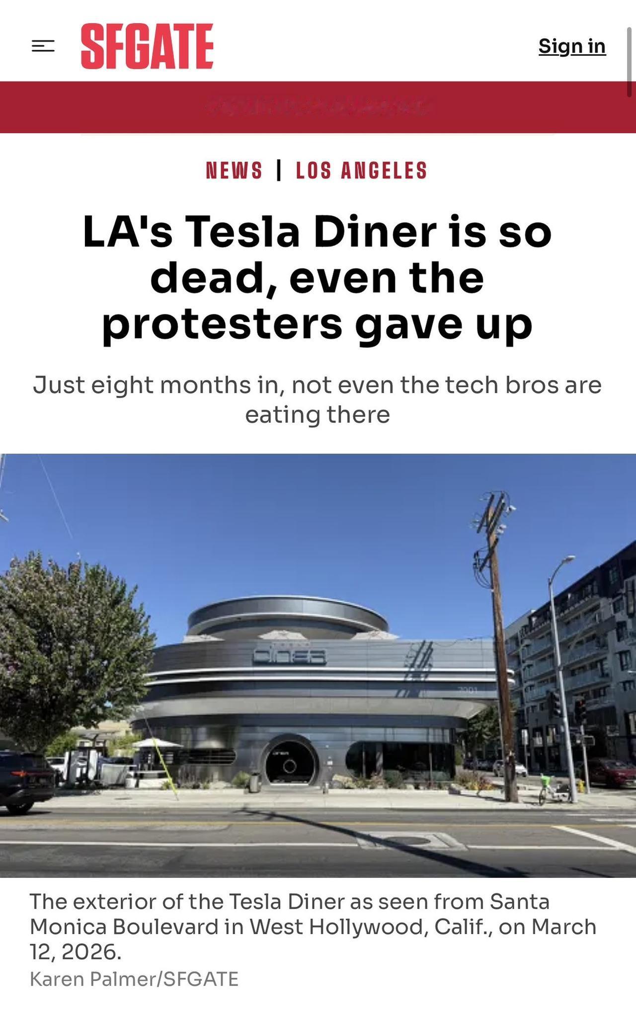 据媒体报道，马斯克在洛杉矶开的第一家特斯拉餐厅才开了8个月，生意惨淡，死气沉沉，