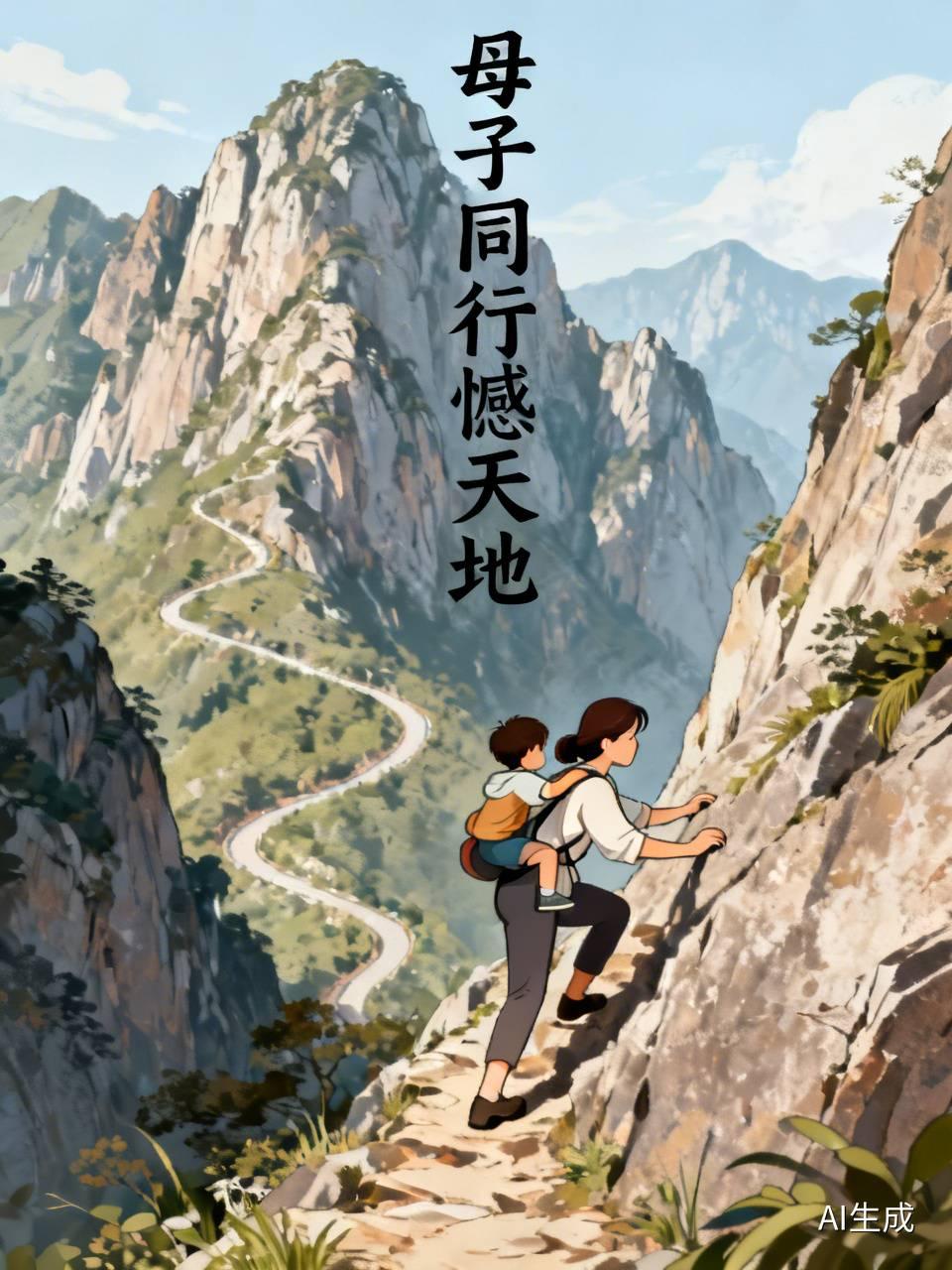 《母子绝壁登天梯憾动天地天崖情》
羊肠小道一天梯，
肩扛背驮共高攀，
一大一小峭