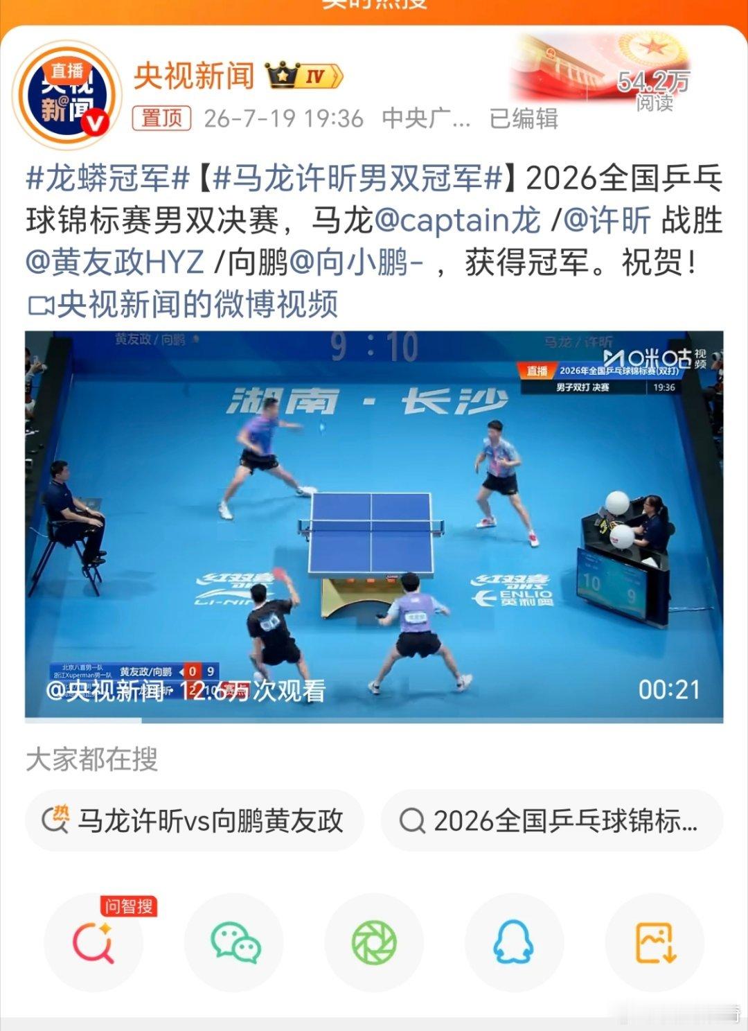 马龙许昕男双冠军。只能说姜还是老的辣，只能说国乒有断层危机了，只能说年轻一代需要