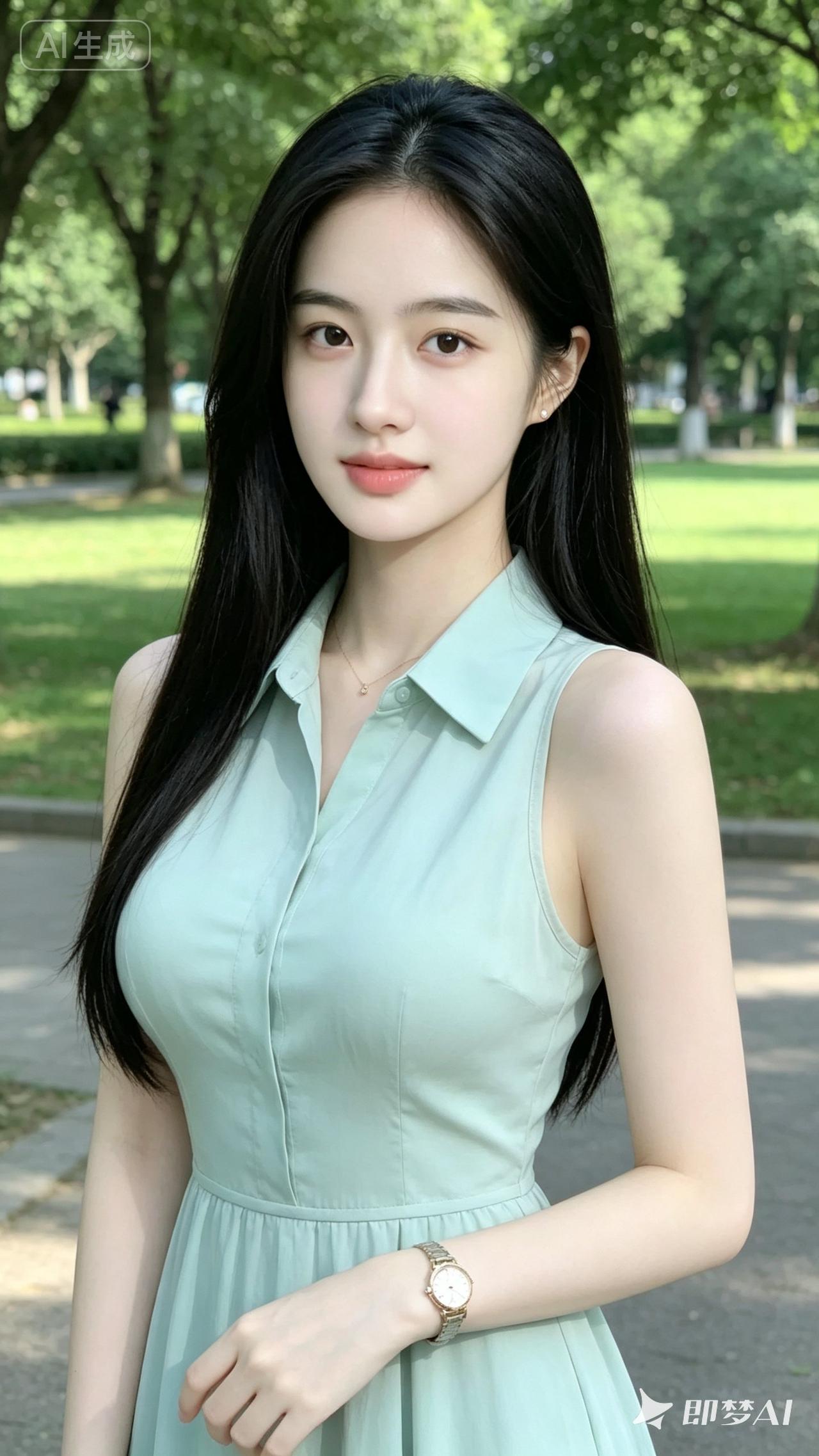 一个穿绿裙子的女孩在公园里。