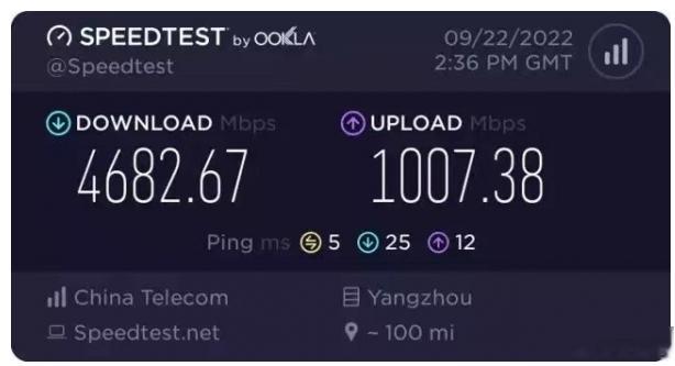网络工程师群里有人晒出一张5000M家庭宽带的测速图，下行4600Mbps左右，