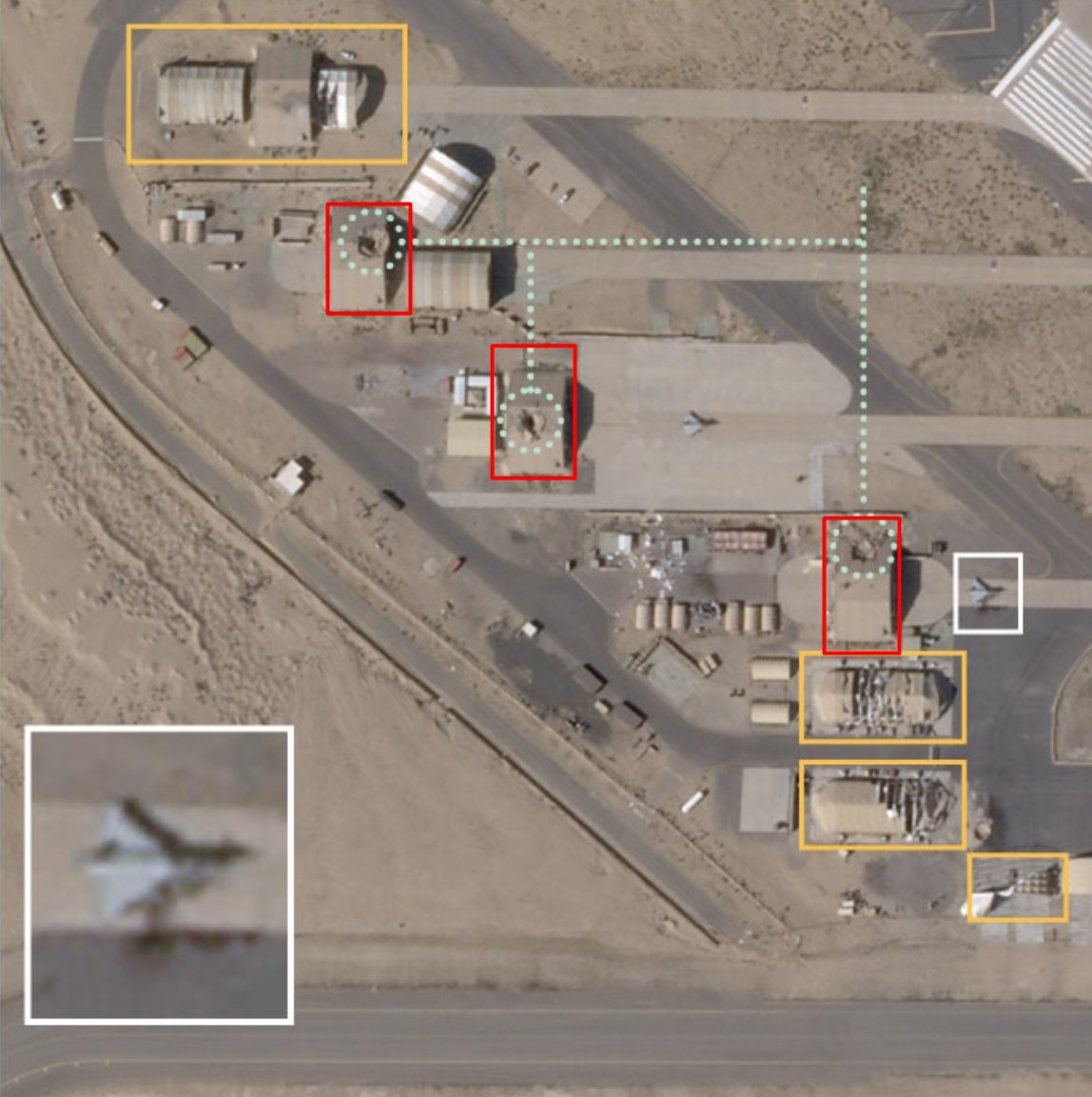 美军驻科威特的阿里·萨利姆空军基地被伊朗导弹和无人机命中情况，红框是海湾战争遗留