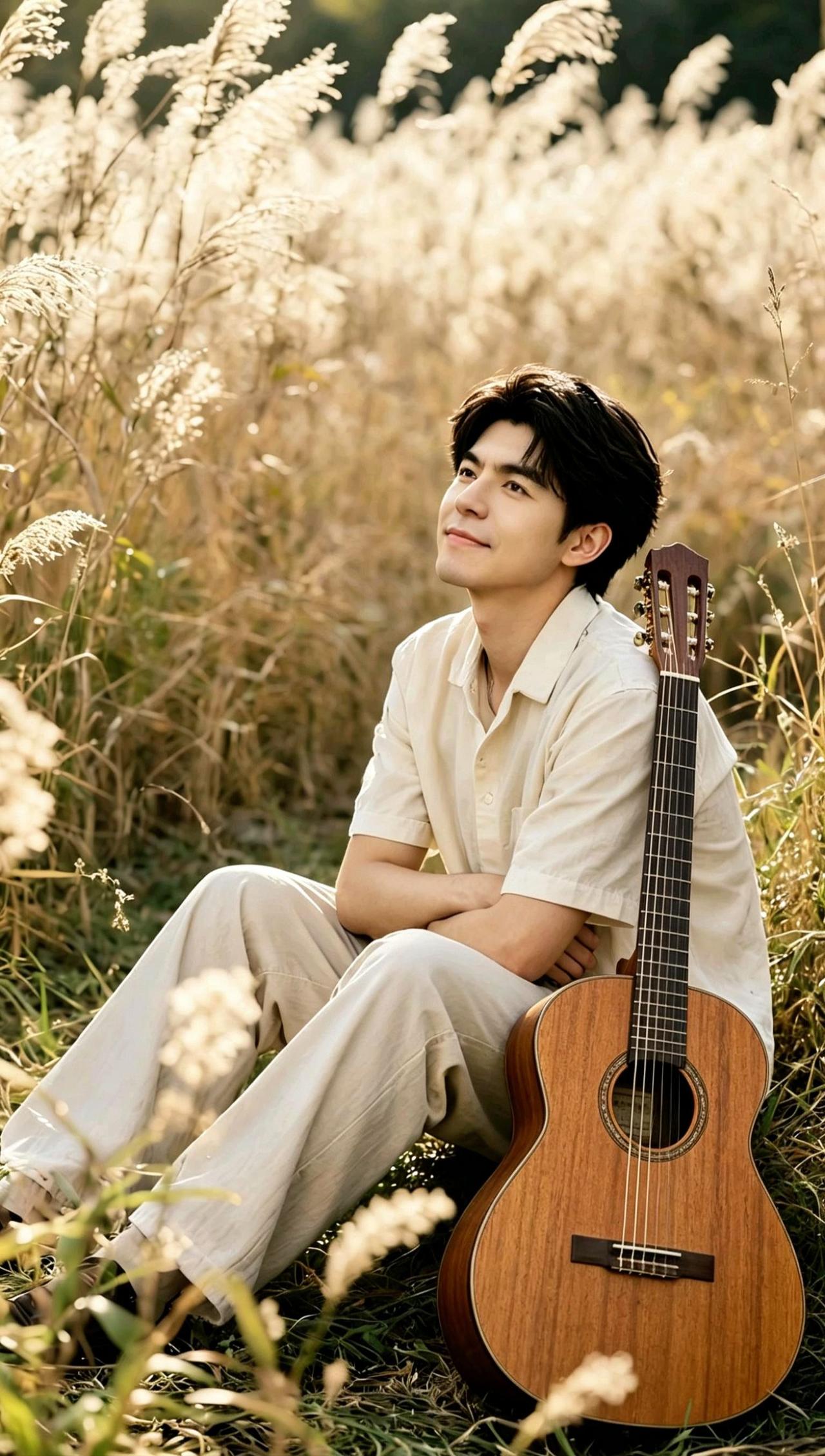 🎸风把芦苇吹成流动的诗，木吉他在等一句未完的和弦。人坐成旷野的标点，阳光是最好