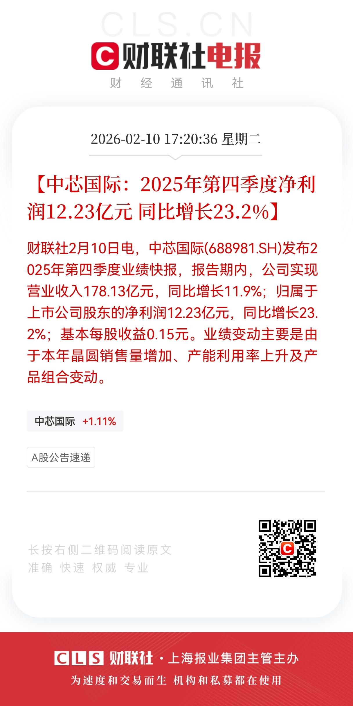 重磅消息！
中芯国际四季度净利大增23.2%，
归母公司净利润12.23亿元，