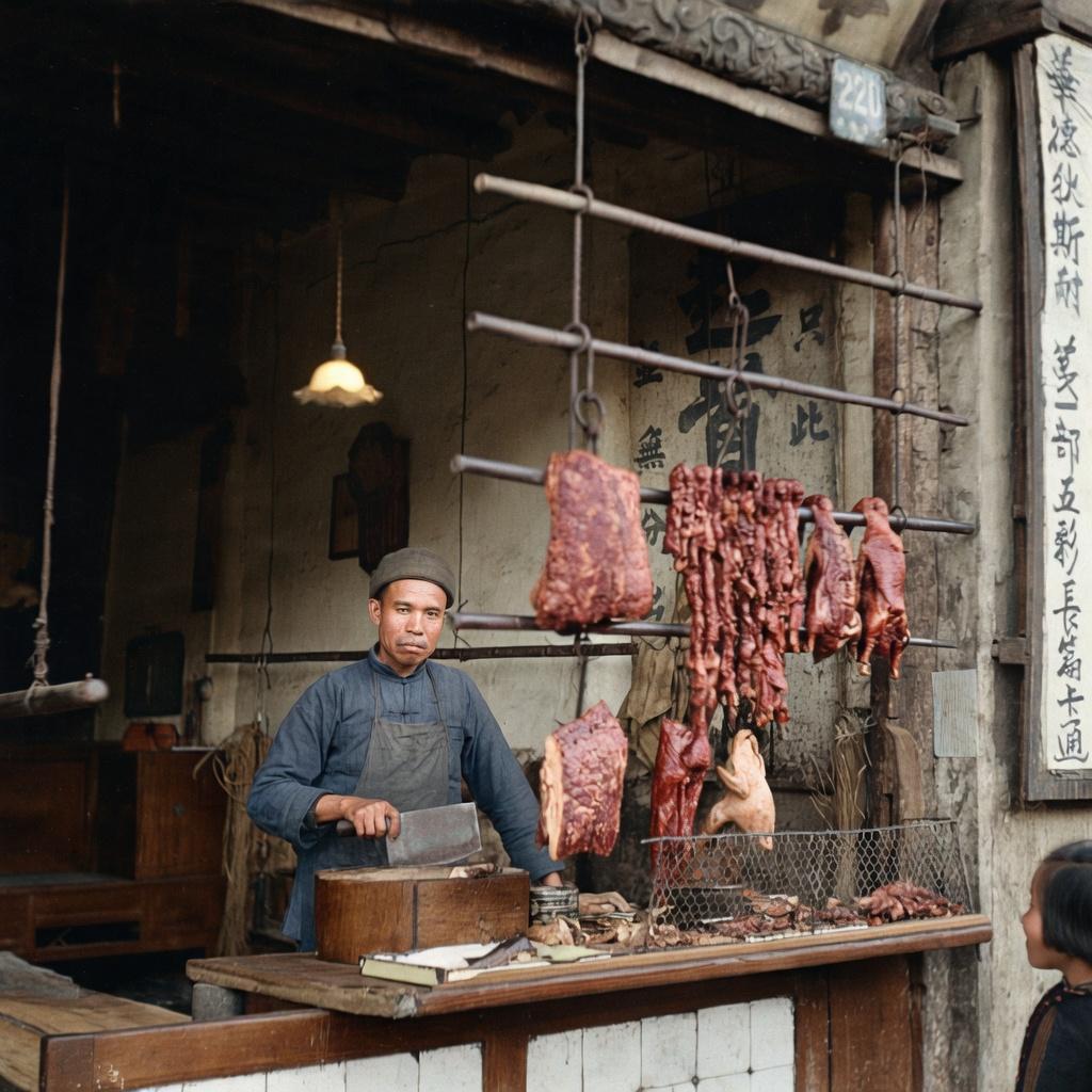 1945年，上海，一家腊味肉铺，柜台后是肉铺的掌柜，头戴小帽，身着中式对襟短衫、