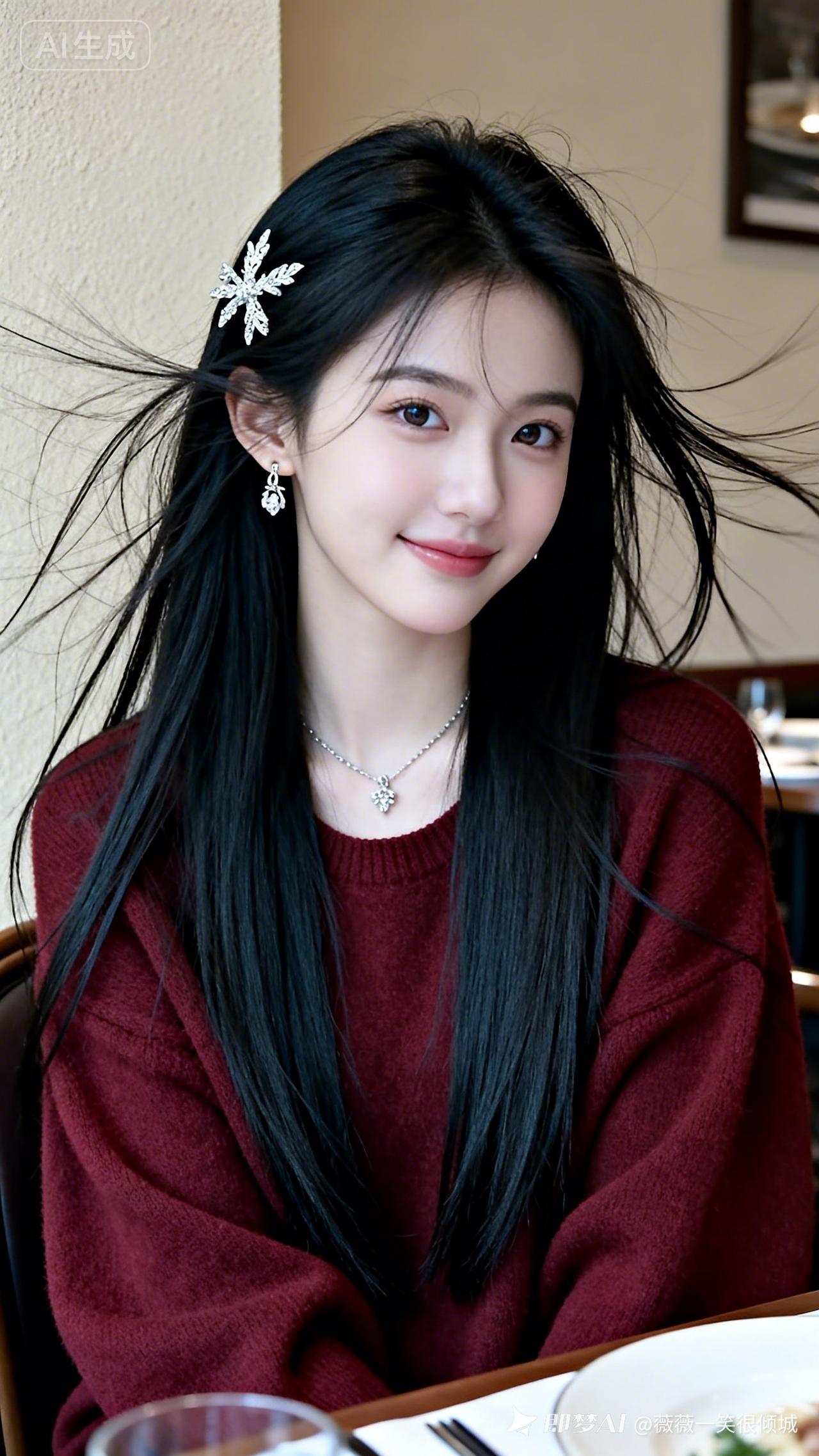 19岁东方少女，黑长直蓬松垂肩，枣红宽松毛衣衬得冷白瓷肌透亮。网感幼态脸配随机妆