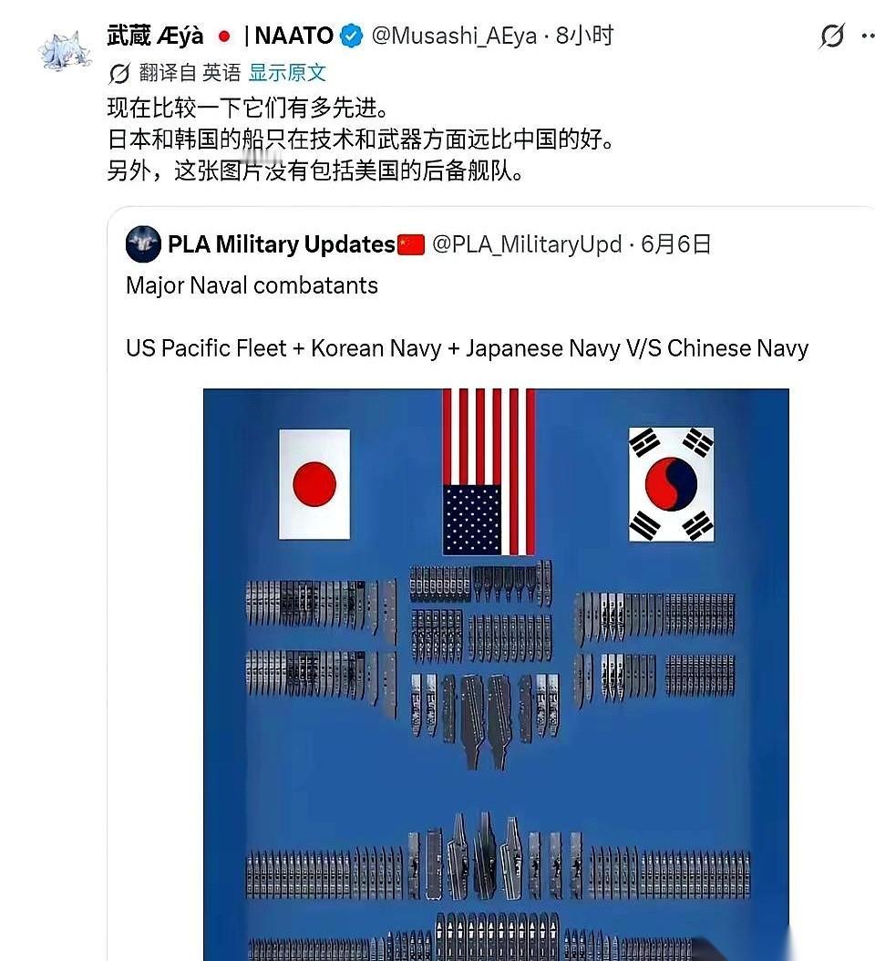 一个日本博主，发了张图。
图上是军舰对比。他敲下一行字：“日本和韩国的船，在技术