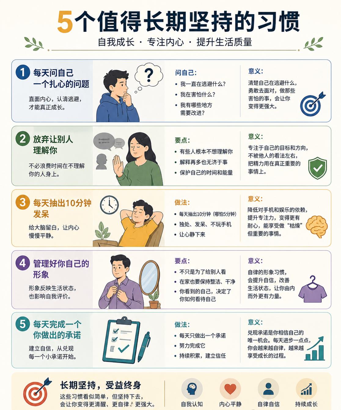 自我成长的五个台阶👇

🔹 每天问自己3个问题——直面内心
🔹 放弃让别人