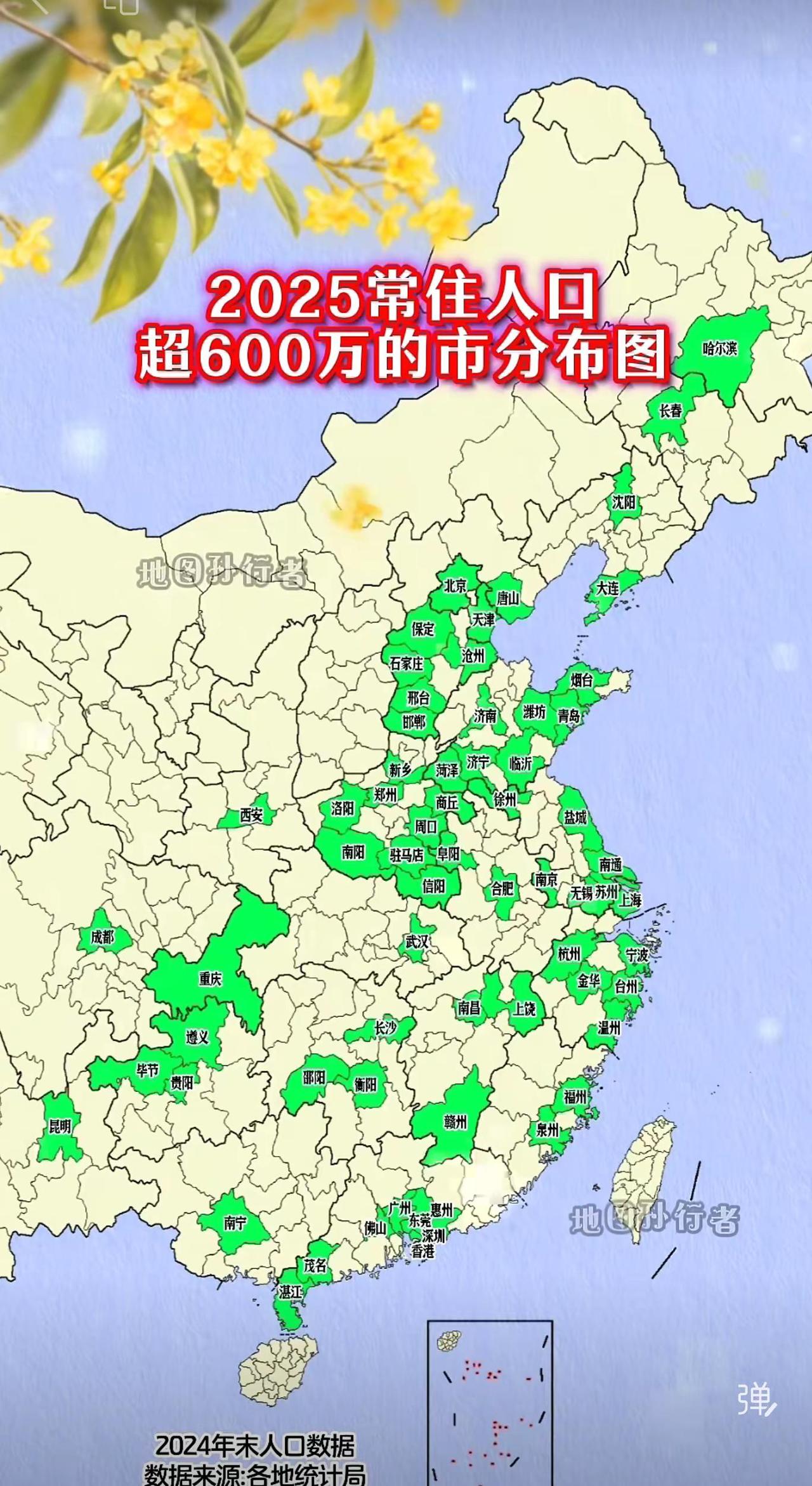 分布图（数据基于2024年末各地统计局）以绿色标注人口大市，直观呈现我国人口集聚