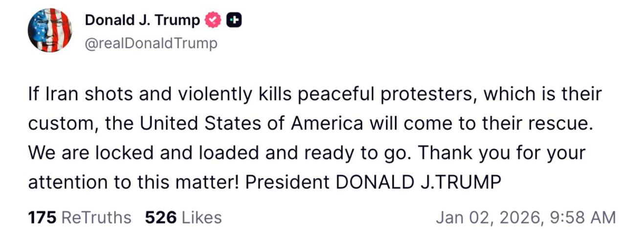 特朗普这样写道：“如果伊朗开火并残忍杀害和平抗议者（那是他们的习惯做法），美国将
