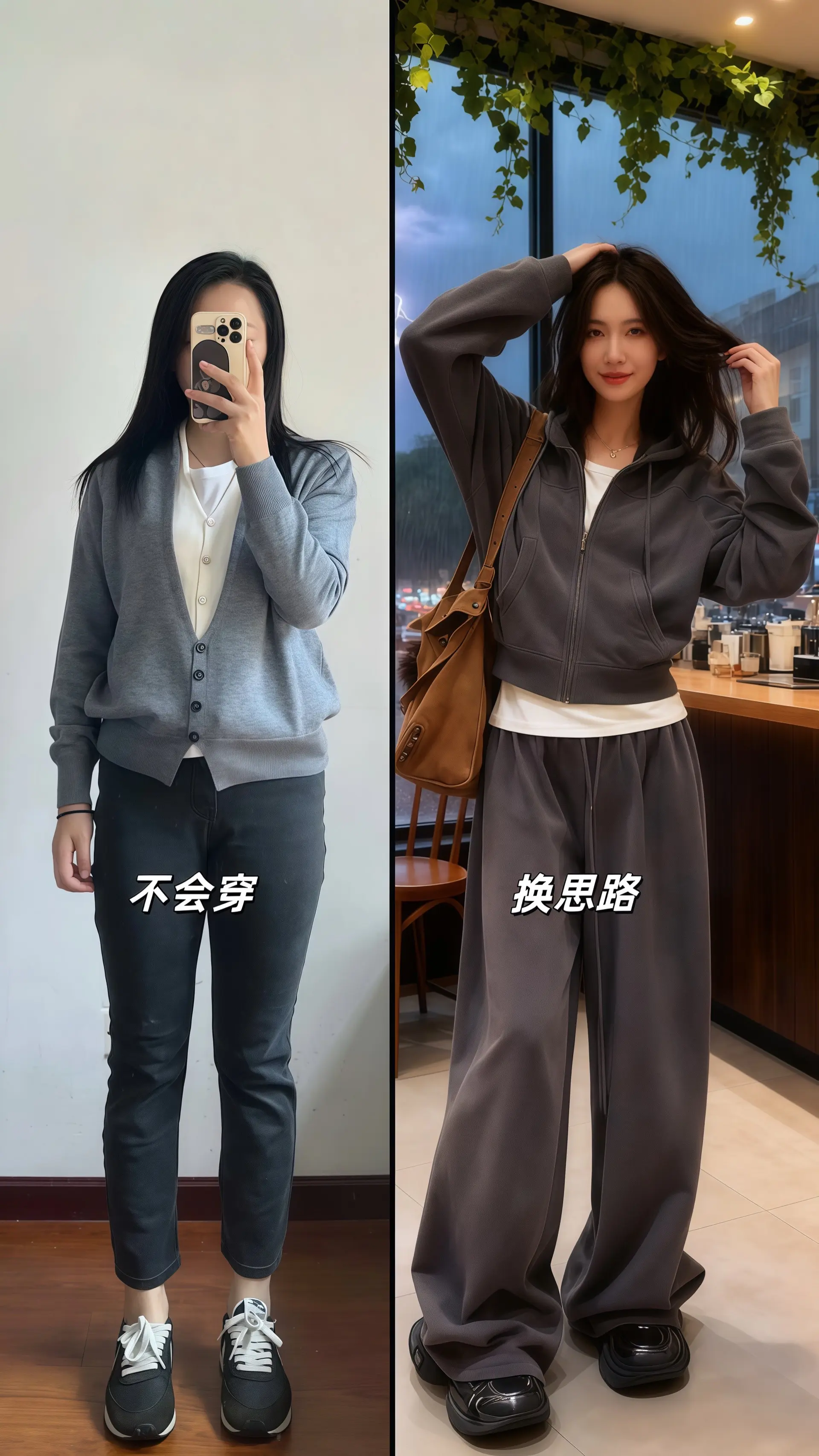 她穿着美式连帽长袖卫衣阔腿裤两件套，慵懒又随性的风格，在咖啡店暖黄的光...