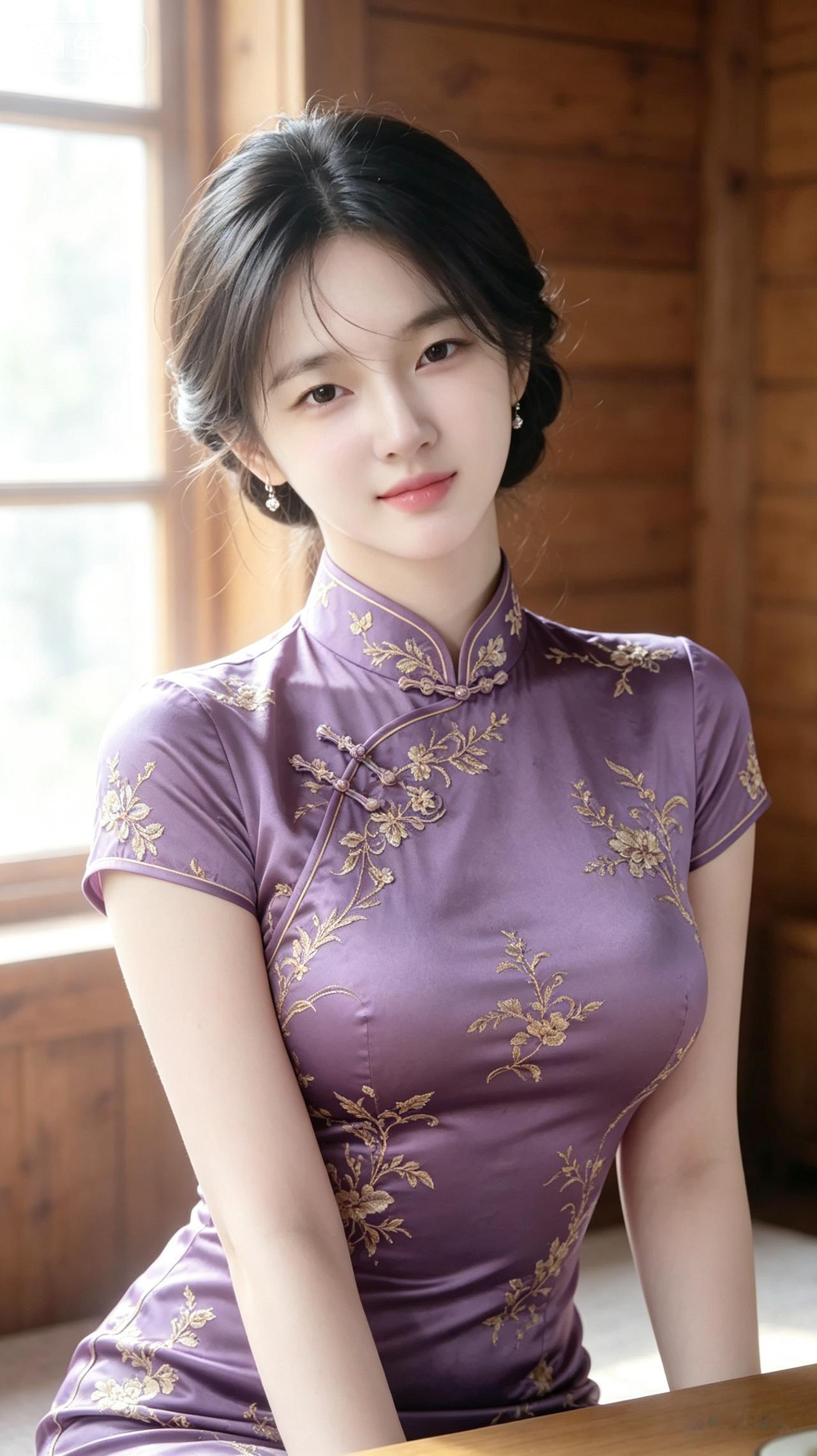 鹅蛋脸冷白皮女子低盘发，身着紫底绣金短款紧身旗袍，体态丰腴匀称优雅。木屋窗边柔光