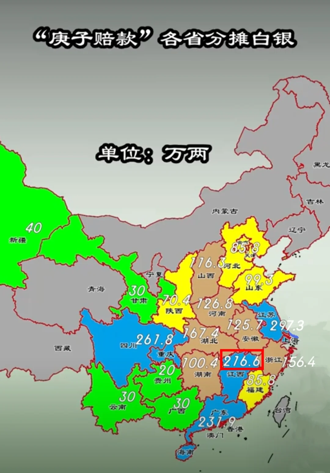 庚子赔款各省分摊的金额，江西省分摊不少啊