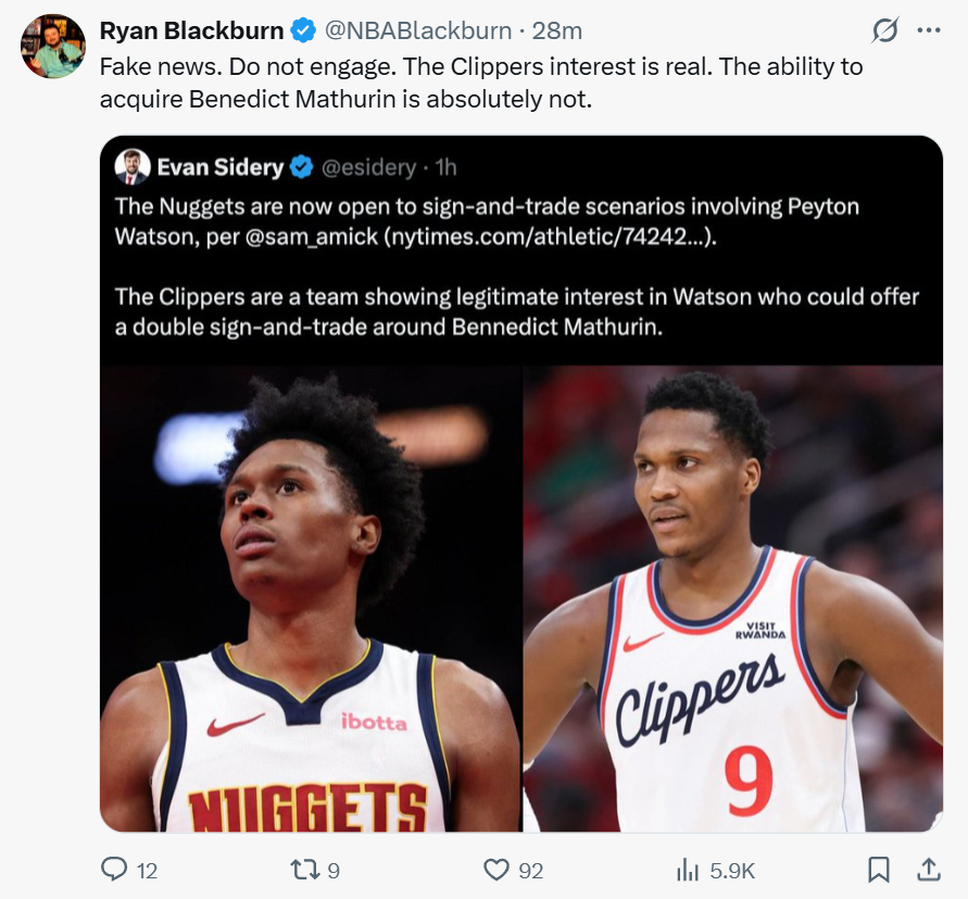 NBA记者EvanSidery：“掘金目前愿意围绕佩顿·沃特森展开先签后换交易。