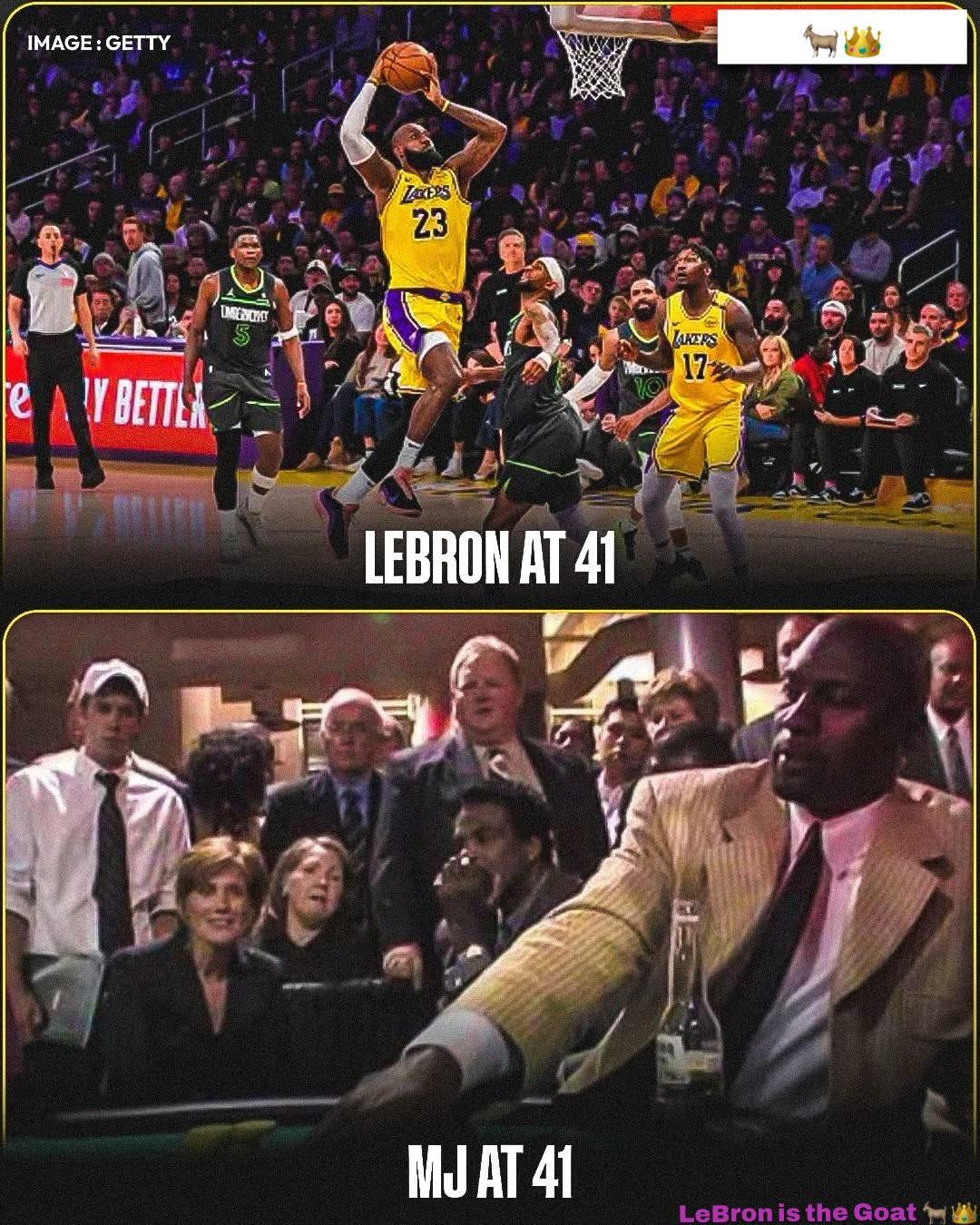 41岁的詹姆斯，4枚总冠军戒指，4次MVP，仍在球场刷数据
41岁的乔丹，6枚总