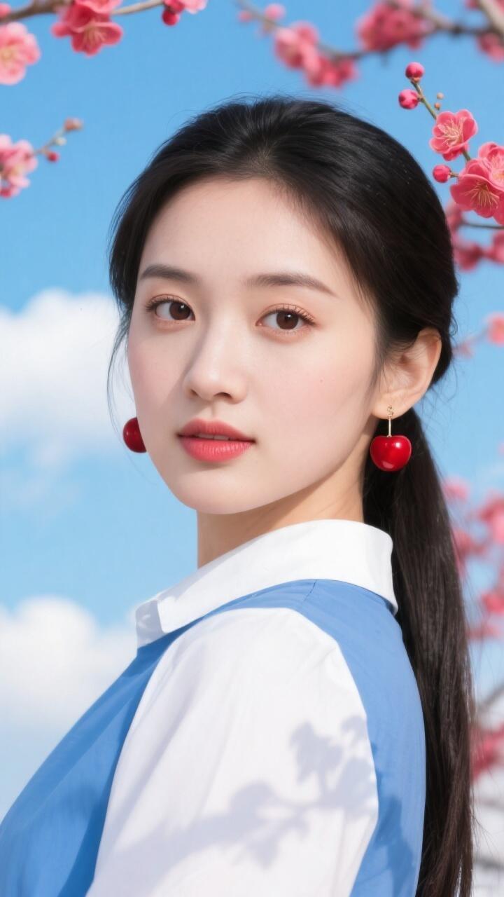 春日少女，红唇与粉花相映成趣