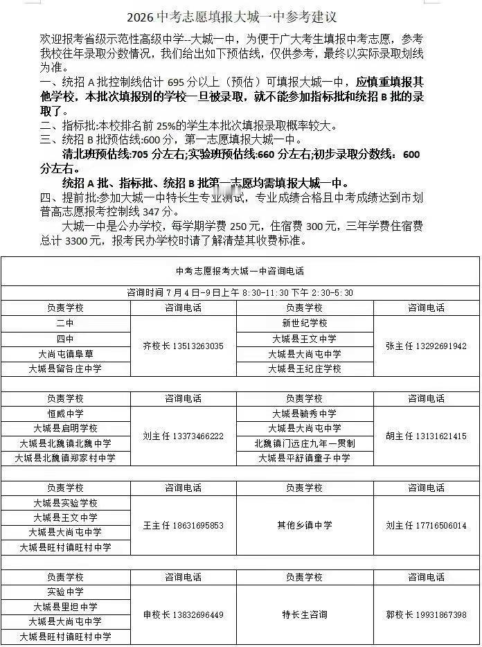 今年中考结束至今，经常有学生及家长咨询我报考大城一中事宜，因为我已离开一中三年多