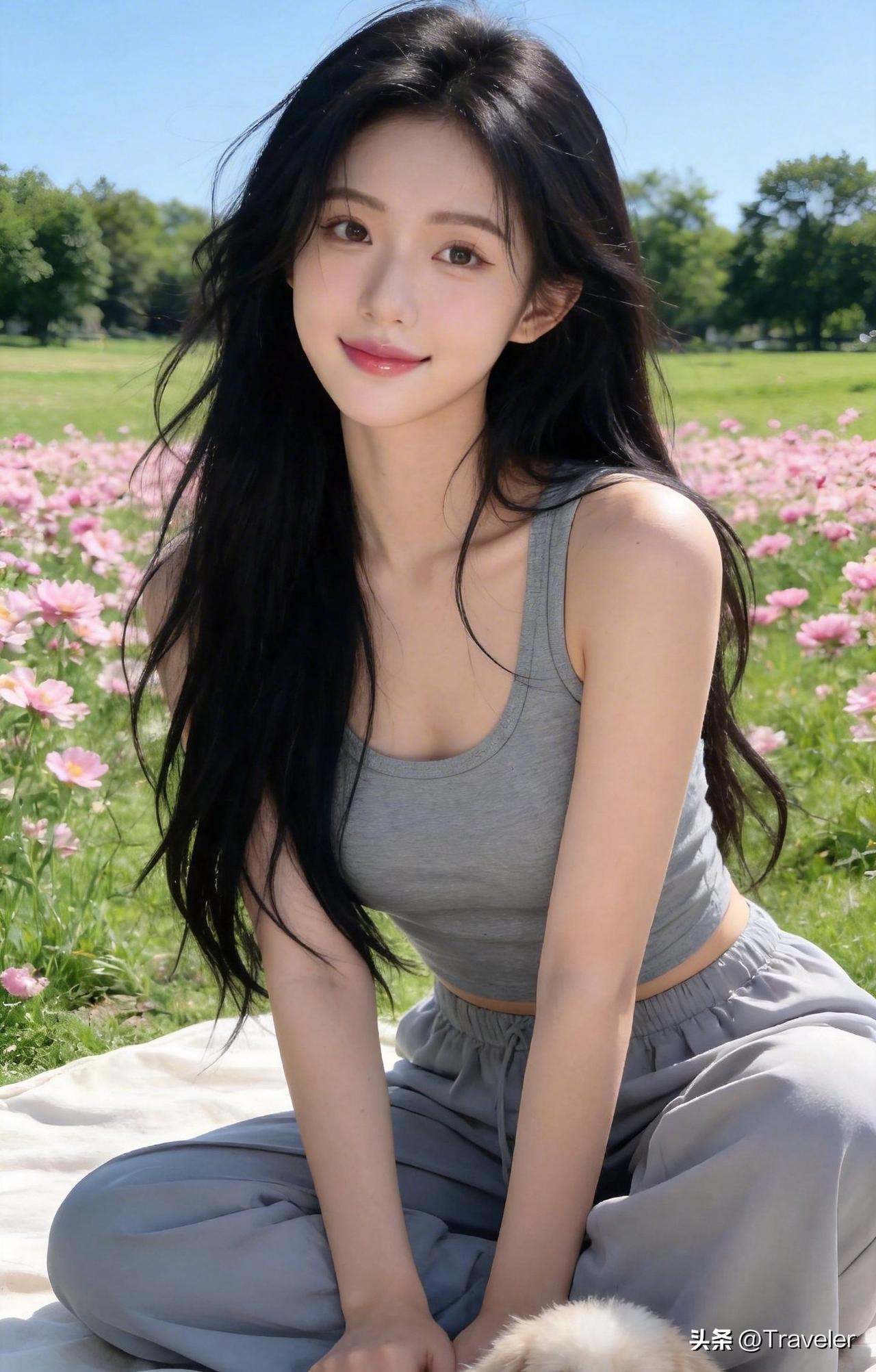 阳光下的少女与花海，温柔时光的美好瞬间