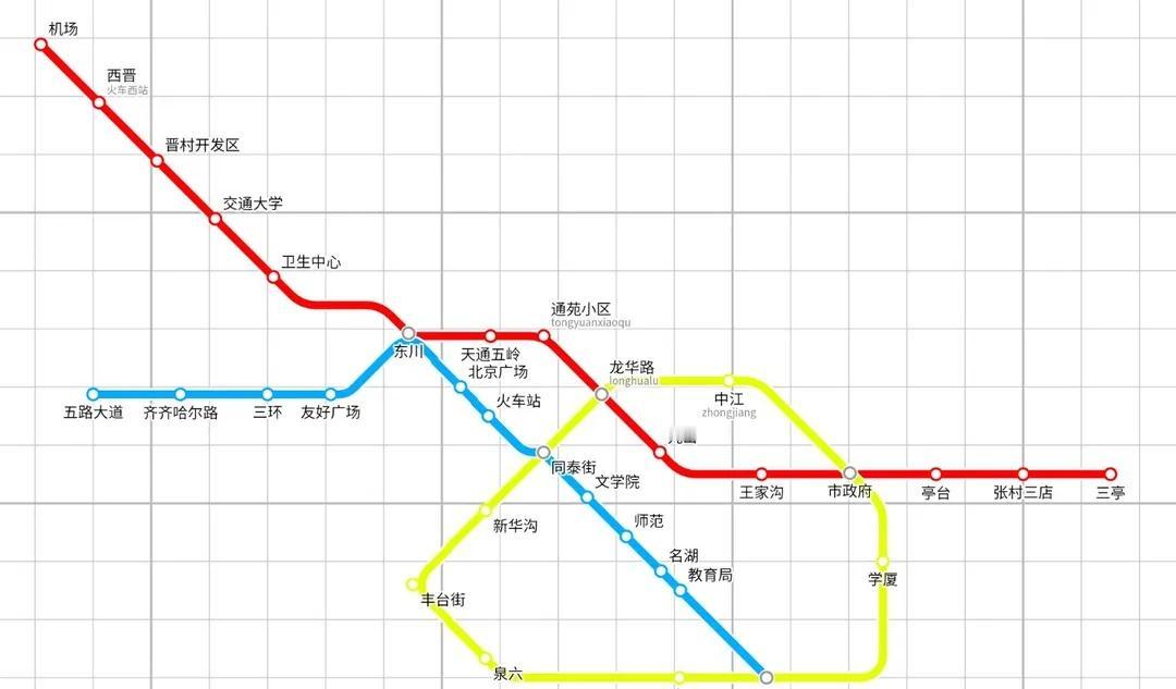 虚拟地铁线路图
2号线(蓝色)三环一五路大道开通
1号线卫生中心一机场开通轨道交