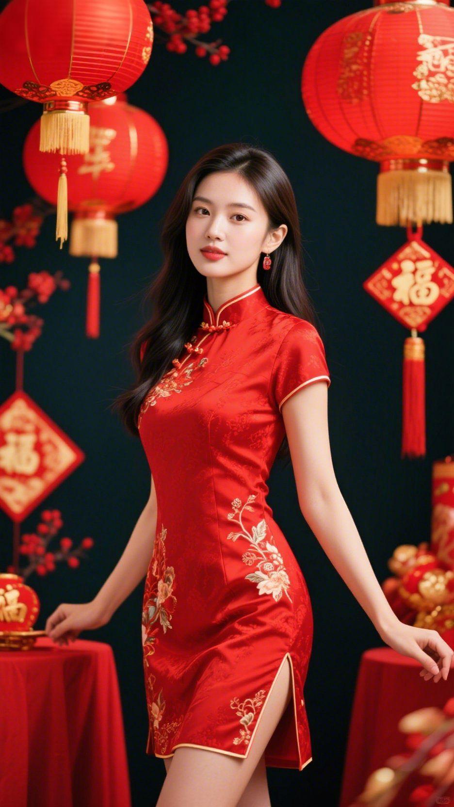 红袍映年味
 
朱红旗袍裹着满溢的年味，绣纹缠枝绕着金，撞进红灯笼的光影里。她步