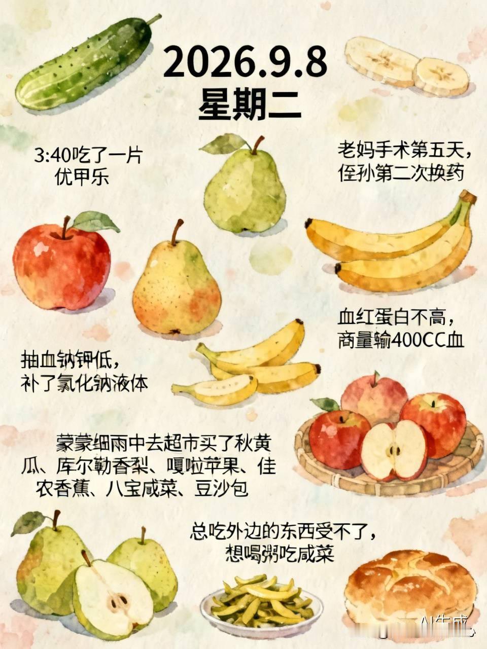 2026.9.8  星期二
（3：40吃了一片优甲乐。）
今天老妈手术第五天，侄