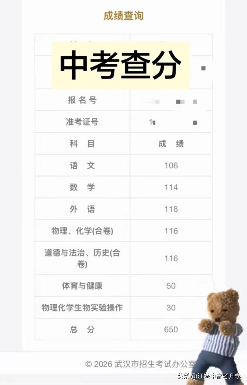 迄今为止看到的2026武汉中考最高分，
650分还没有被高分屏蔽，
看来今年的分