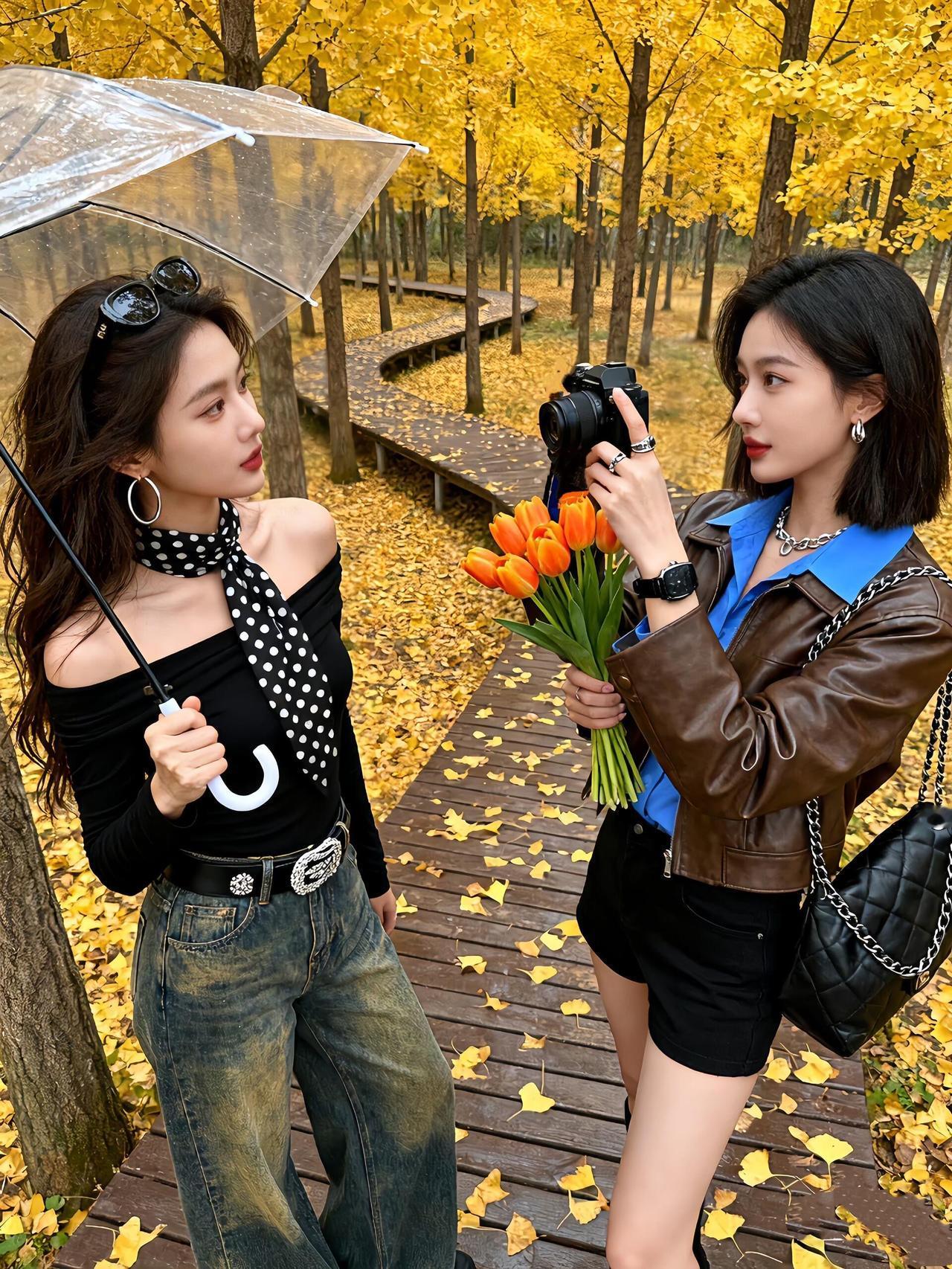 让我看看是谁和闺蜜出门还不会摆pose的两姐妹自拍 秋日穿搭 落叶怎么拍 氛围感