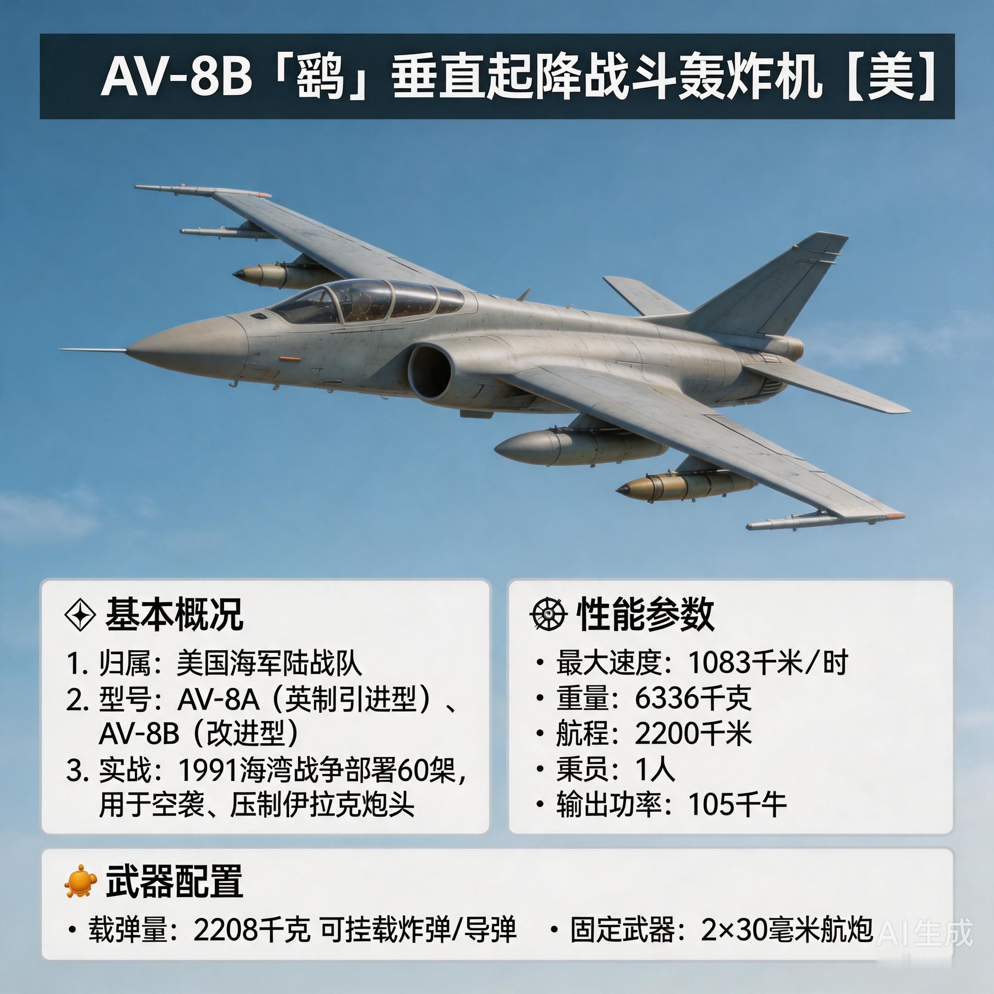 军事ai新视野 AV-8“鹞”垂直起降战斗轰炸机［美］最大速度：1083千米／时