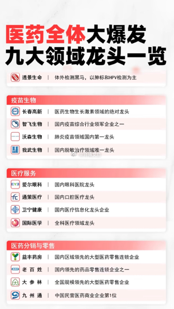 医药全体大爆发！九大领域龙头一览！1.化学原料2.化学制药3.医疗器械4.中成药
